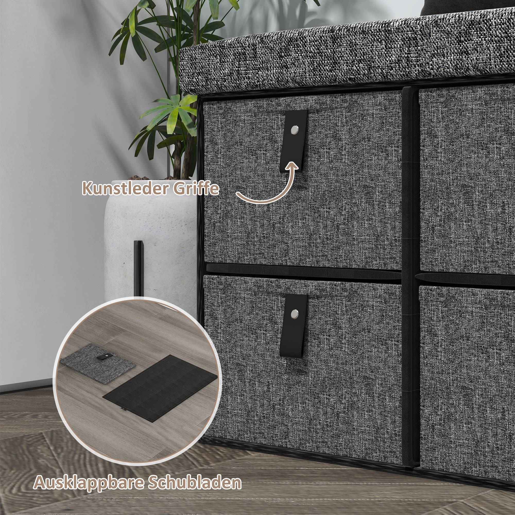 Banc à chaussures rembourré, 6 compartiments à chaussures, structure en MDF, aspect lin, gris - Image 8