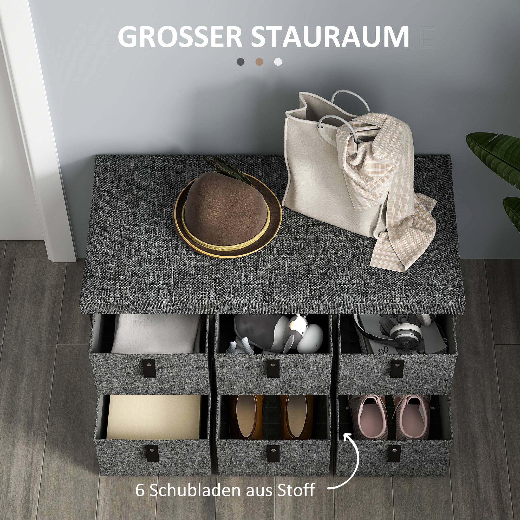 Banc à chaussures rembourré, 6 compartiments à chaussures, structure en MDF, aspect lin, gris - Image 7