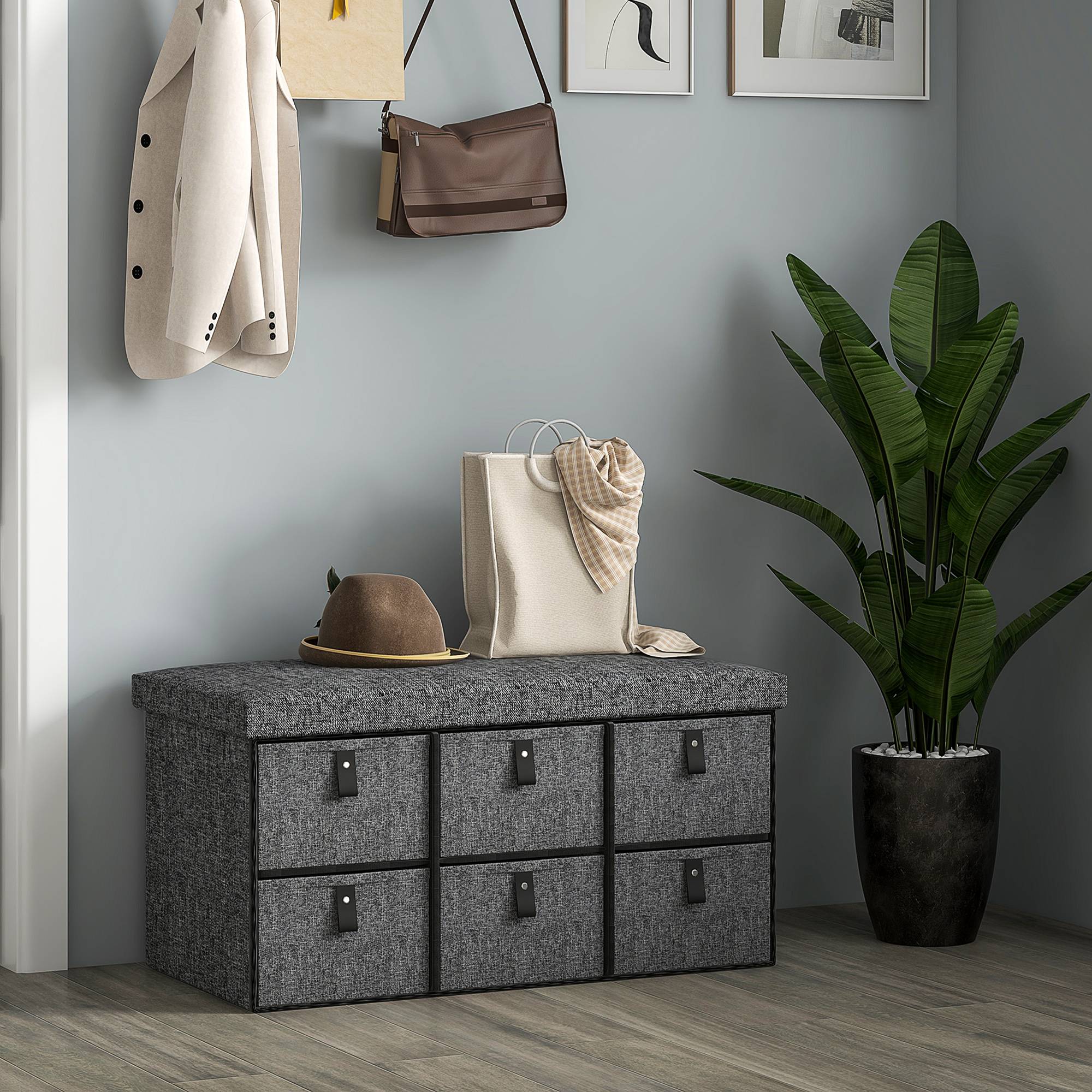 Banc à chaussures rembourré, 6 compartiments à chaussures, structure en MDF, aspect lin, gris - Image 9