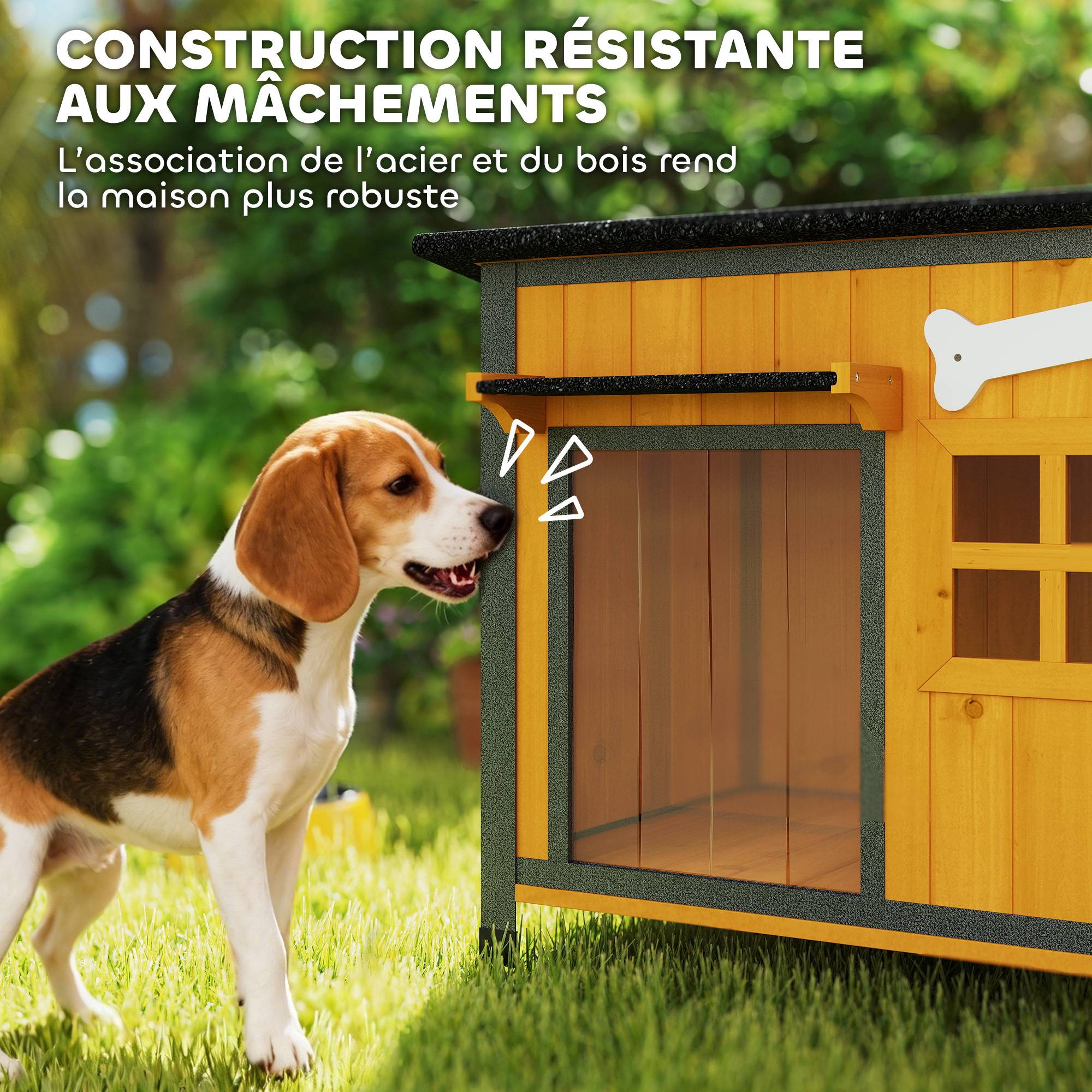 ComfortXL - Niche pour chien extérieure en bois de sapin et acier jaune 84,5 x 62 x 65 cm avec toit ouvrant et bac coulissant - Image 4