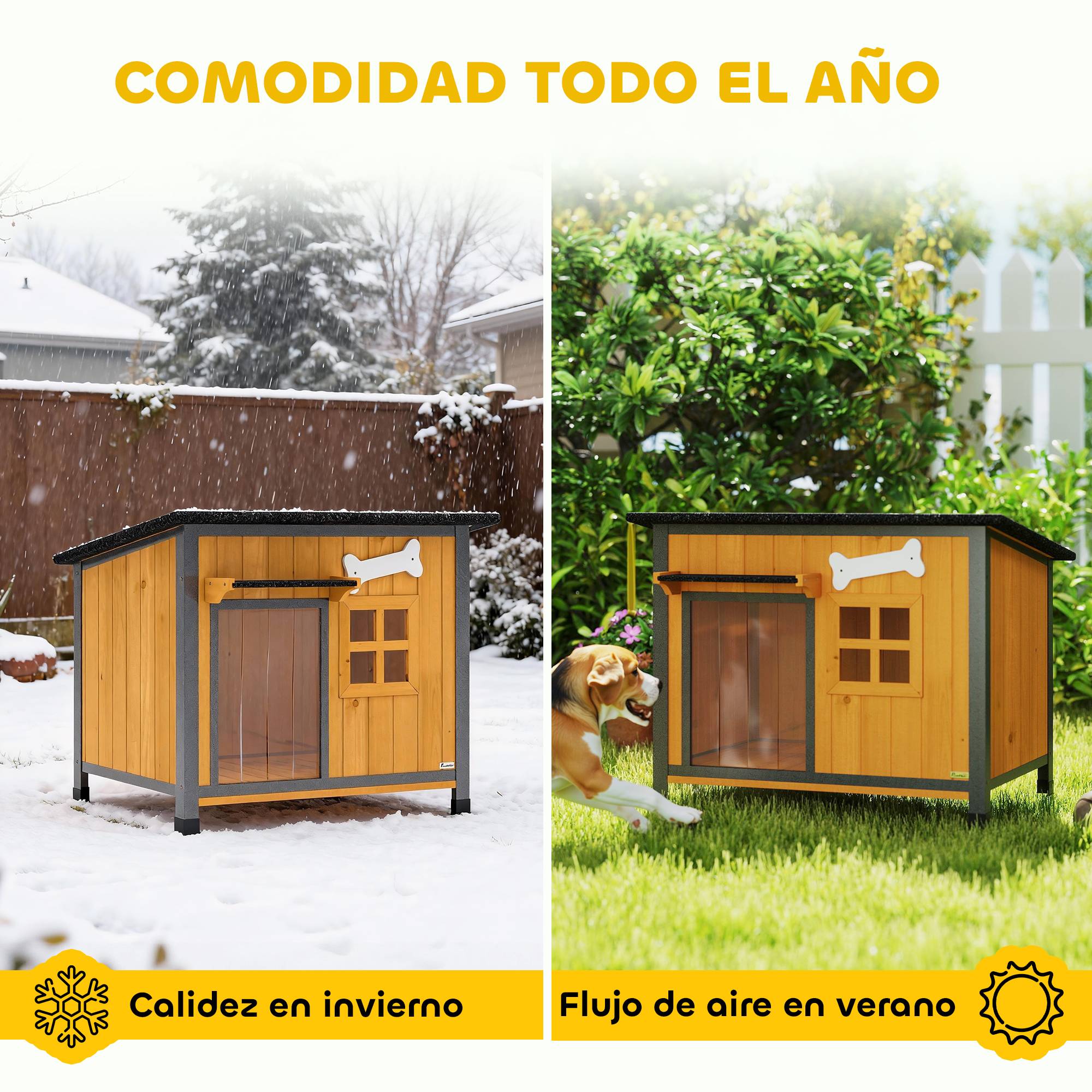 ComfortXL - Niche pour chien extérieure en bois de sapin et acier jaune 84,5 x 62 x 65 cm avec toit ouvrant et bac coulissant - Image 5