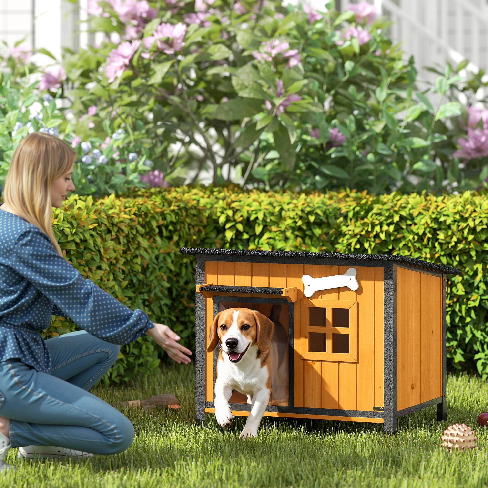ComfortXL - Niche pour chien extérieure en bois de sapin et acier jaune 84,5 x 62 x 65 cm avec toit ouvrant et bac coulissant