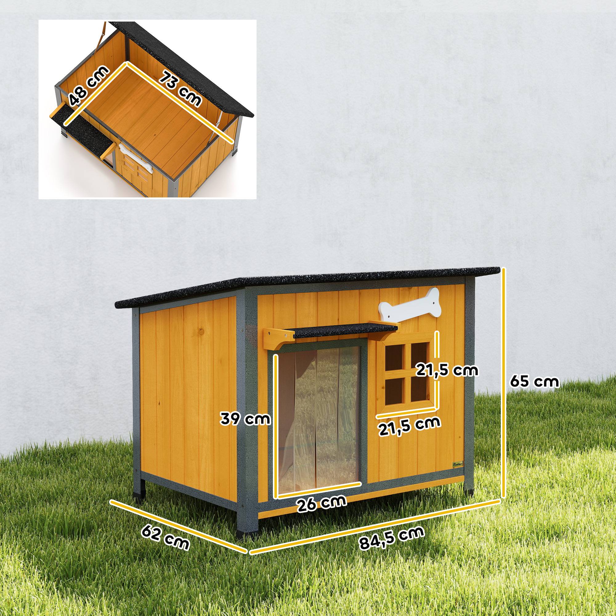 ComfortXL - Niche pour chien extérieure en bois de sapin et acier jaune 84,5 x 62 x 65 cm avec toit ouvrant et bac coulissant - Image 3