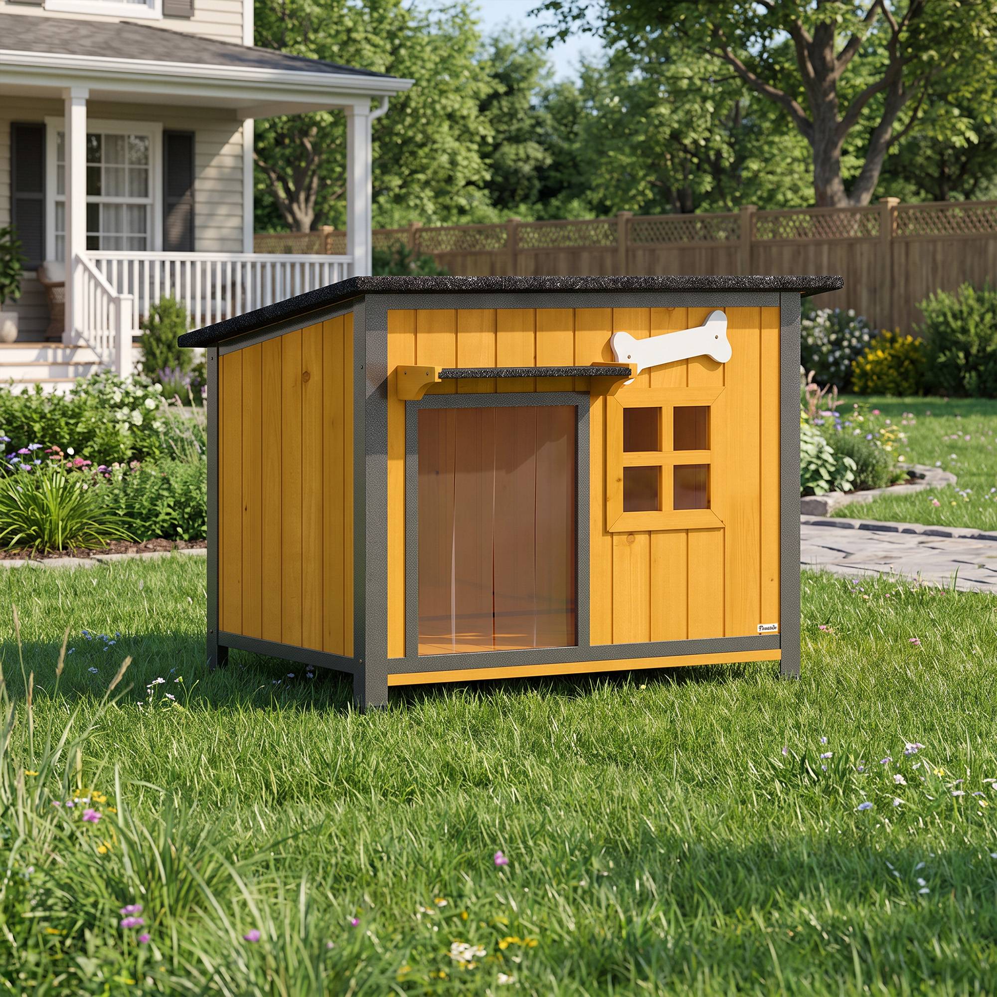 ComfortXL - Niche pour chien extérieure en bois de sapin et acier jaune 84,5 x 62 x 65 cm avec toit ouvrant et bac coulissant - Image 9