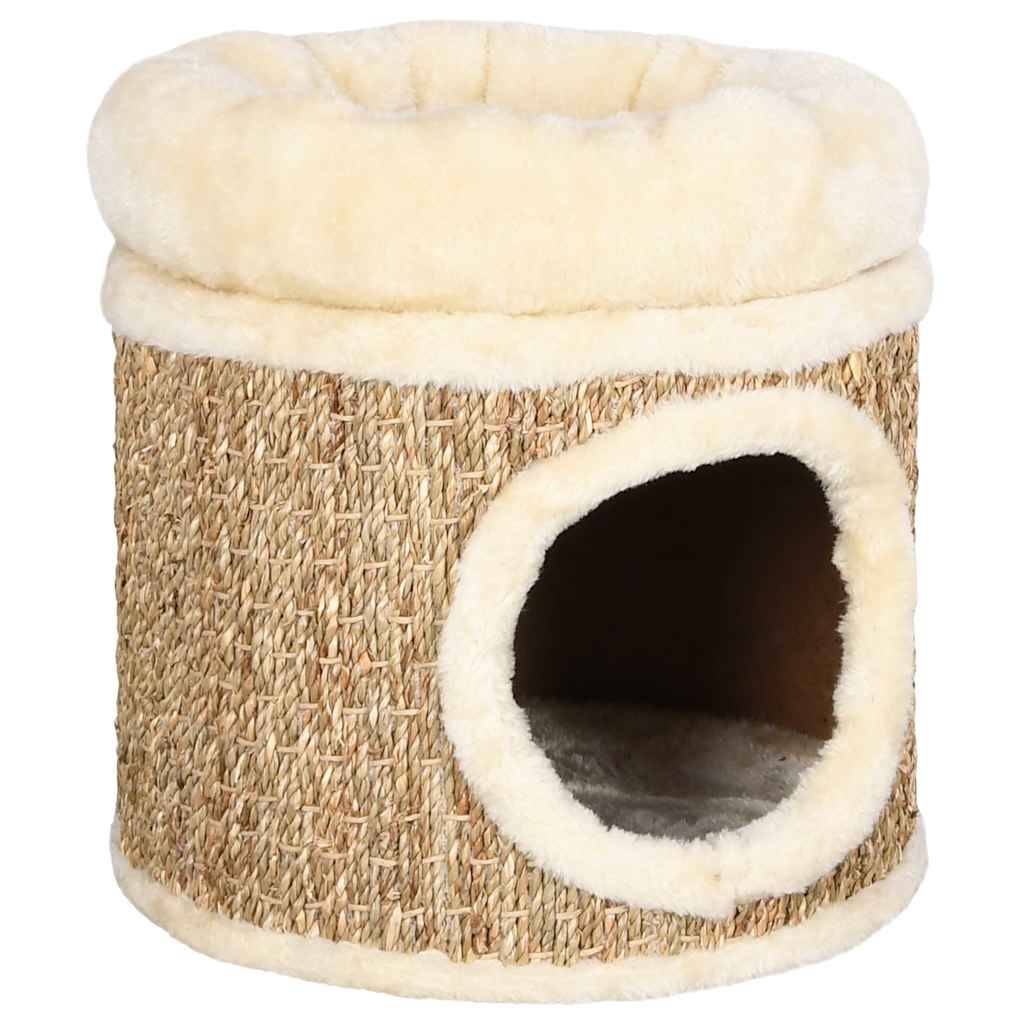 Maison pour chat herbe de mer et peluche beige 31 x 31 x 33 cm - PANGIVO - Image 1