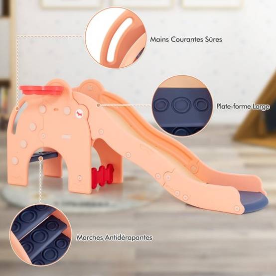 Helloshop26 - Toboggan de jeu pour enfants en forme d'éléphant toboggan 4 en 1 avec panier et ballon de basket-bal zone tampon narches antidérapantes pour enfants - Imagen 1