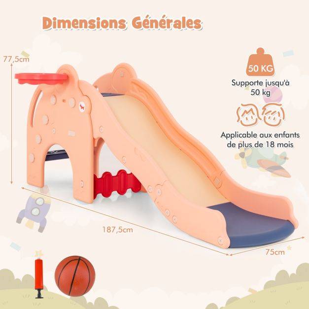 Helloshop26 - Toboggan de jeu pour enfants en forme d'éléphant toboggan 4 en 1 avec panier et ballon de basket-bal zone tampon narches antidérapantes pour enfants - Imagen 4