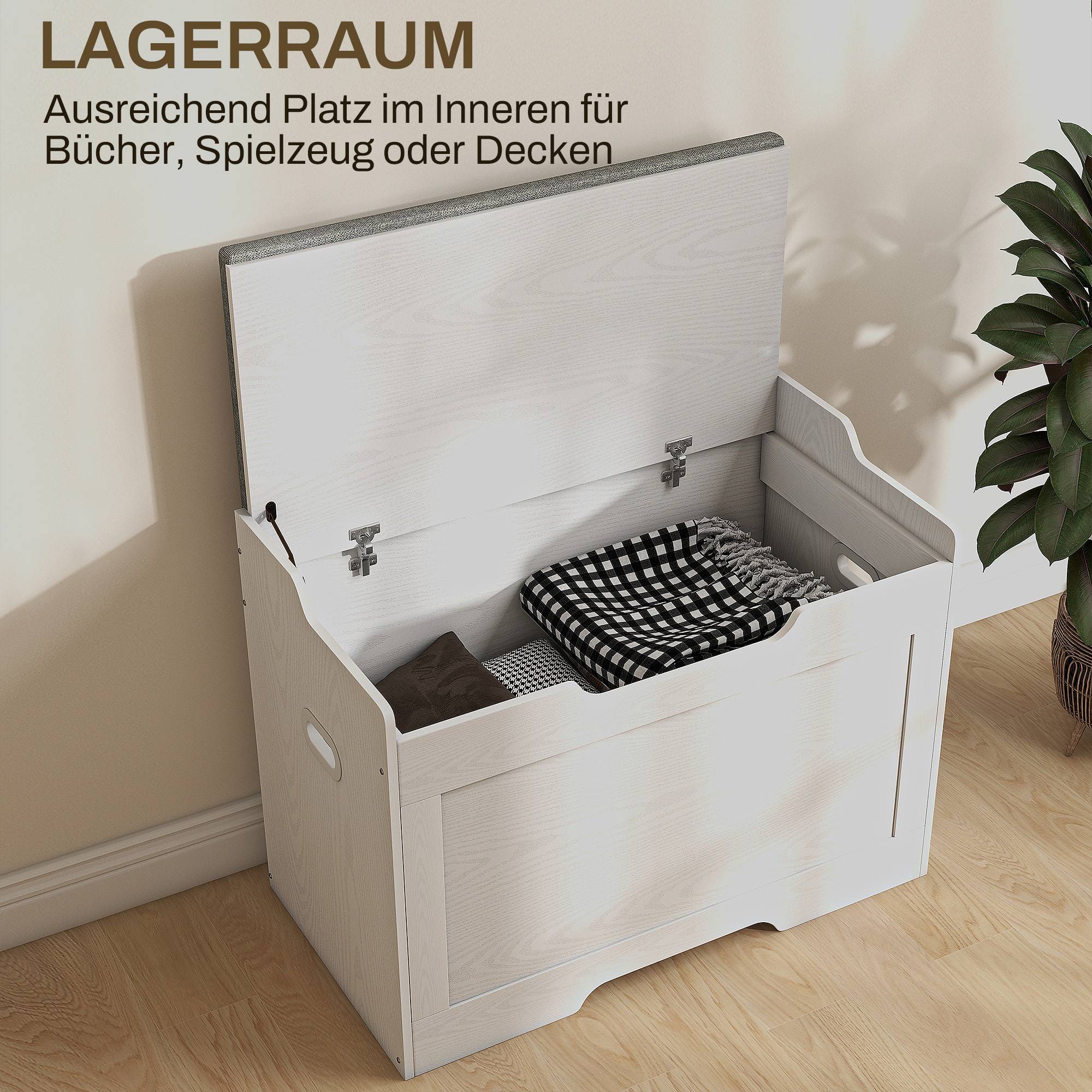 Coffre rangement 103 L avec coussin assise et charnières sécurité, banc coffre multifonction salon entrée chambre blanc - Image 5