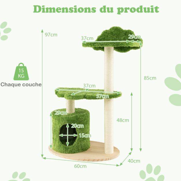 Helloshop26 - Arbre à chat 97 cm en bois poteau griffoir condo plate-forme perchoir coussin amovible tour d'activités pour chat vert - Imagen 3