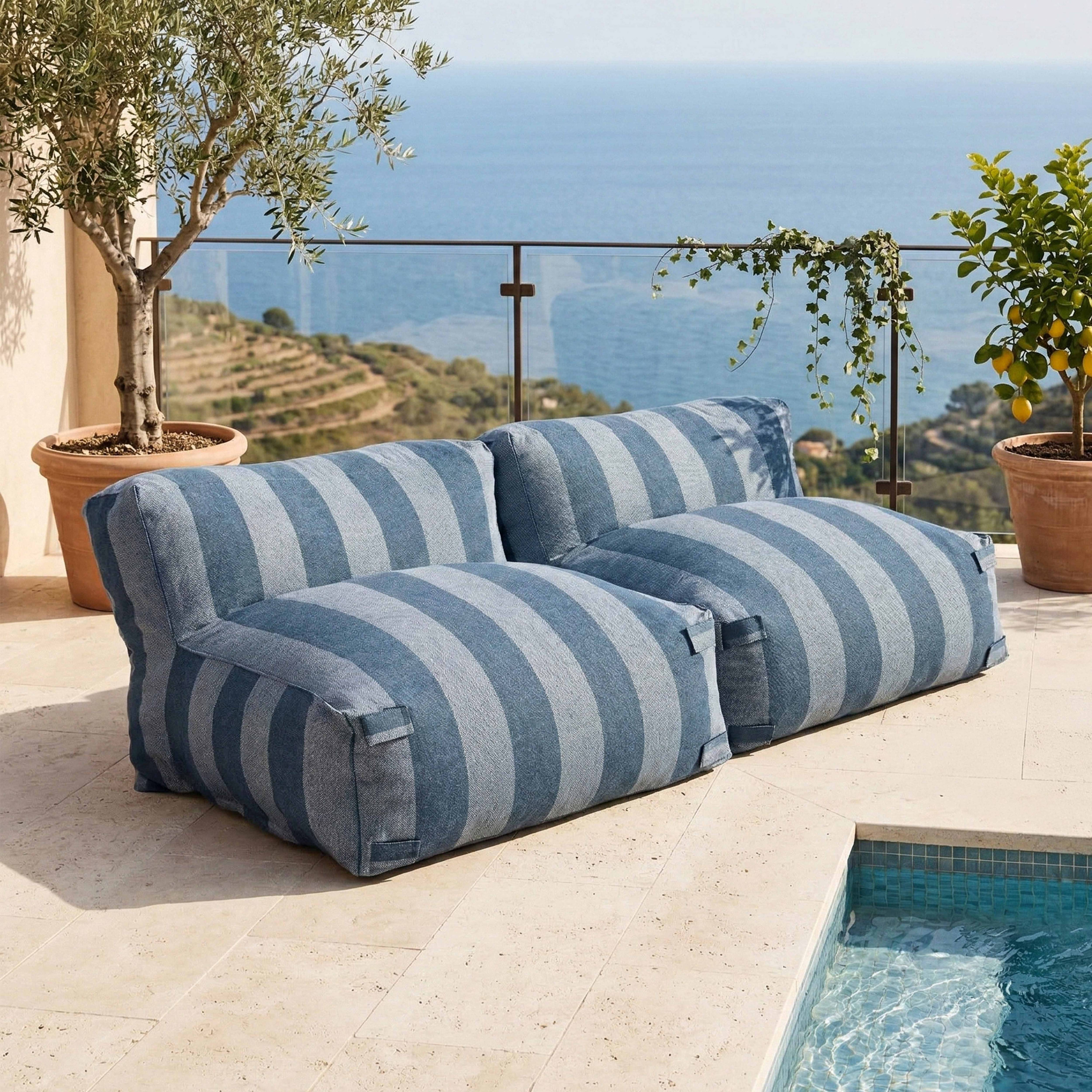 Oviala - Salon de jardin modulable avec 2 chauffeuses rayées bleu pacific Mixi - Oviala - Image 1