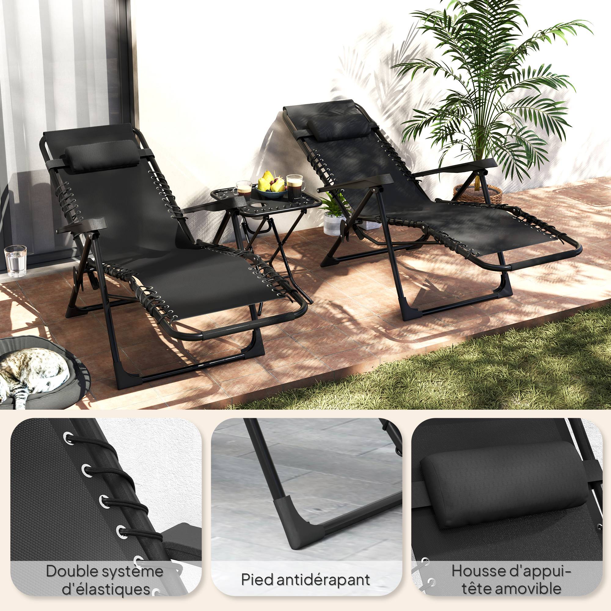 Lot 2 fauteuils relax textilène extérieur gravité zéro avec table basse gris - ComfortXL Outdoor Living - Image 10