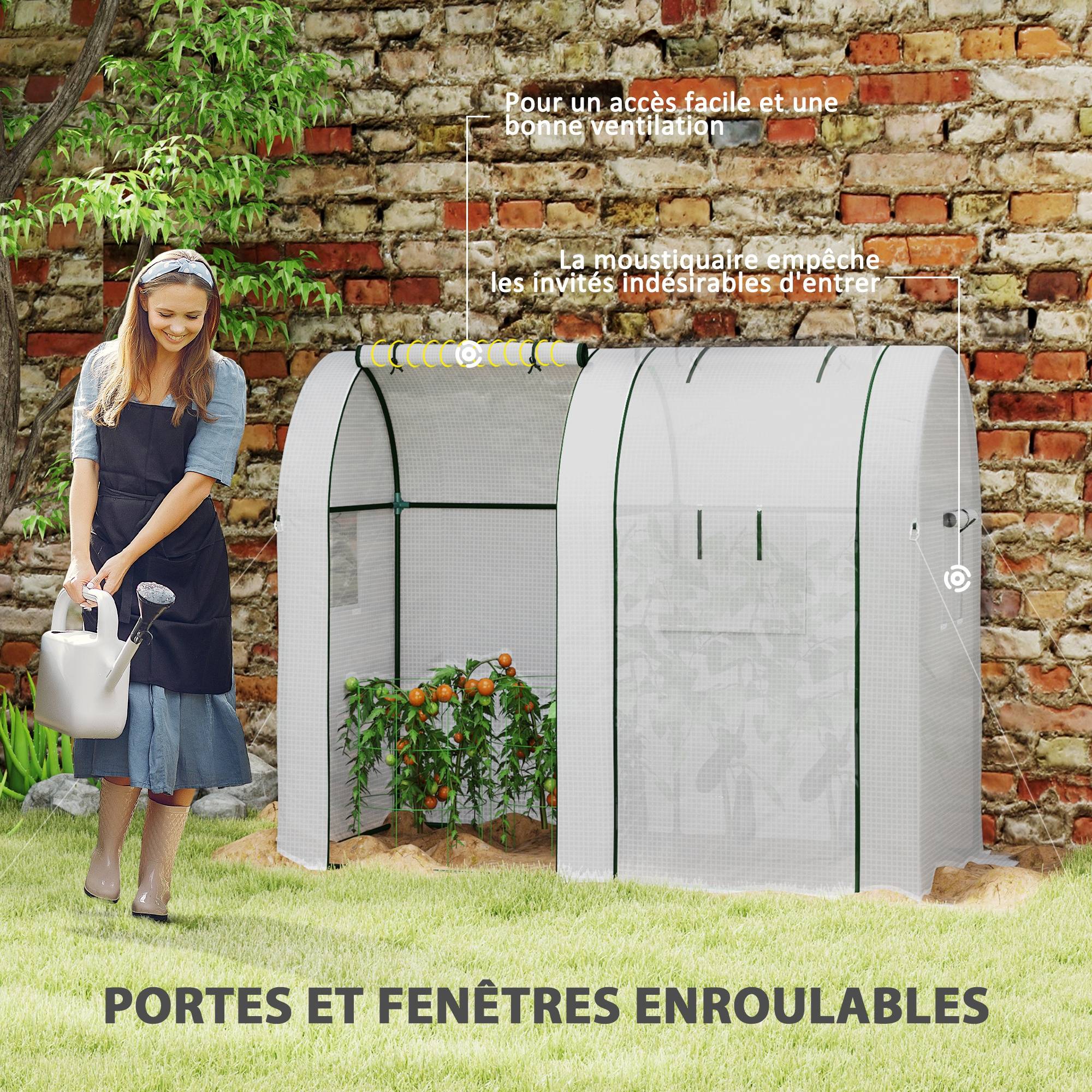 Outsunny - Serre de jardin à tomates 1.85x0.9x1.5m 2 portes zippées déroulantes 4 fenêtres enroulables acier et PE haute densité 135g/m² anti-UV blanc - Outsunny - Image 8