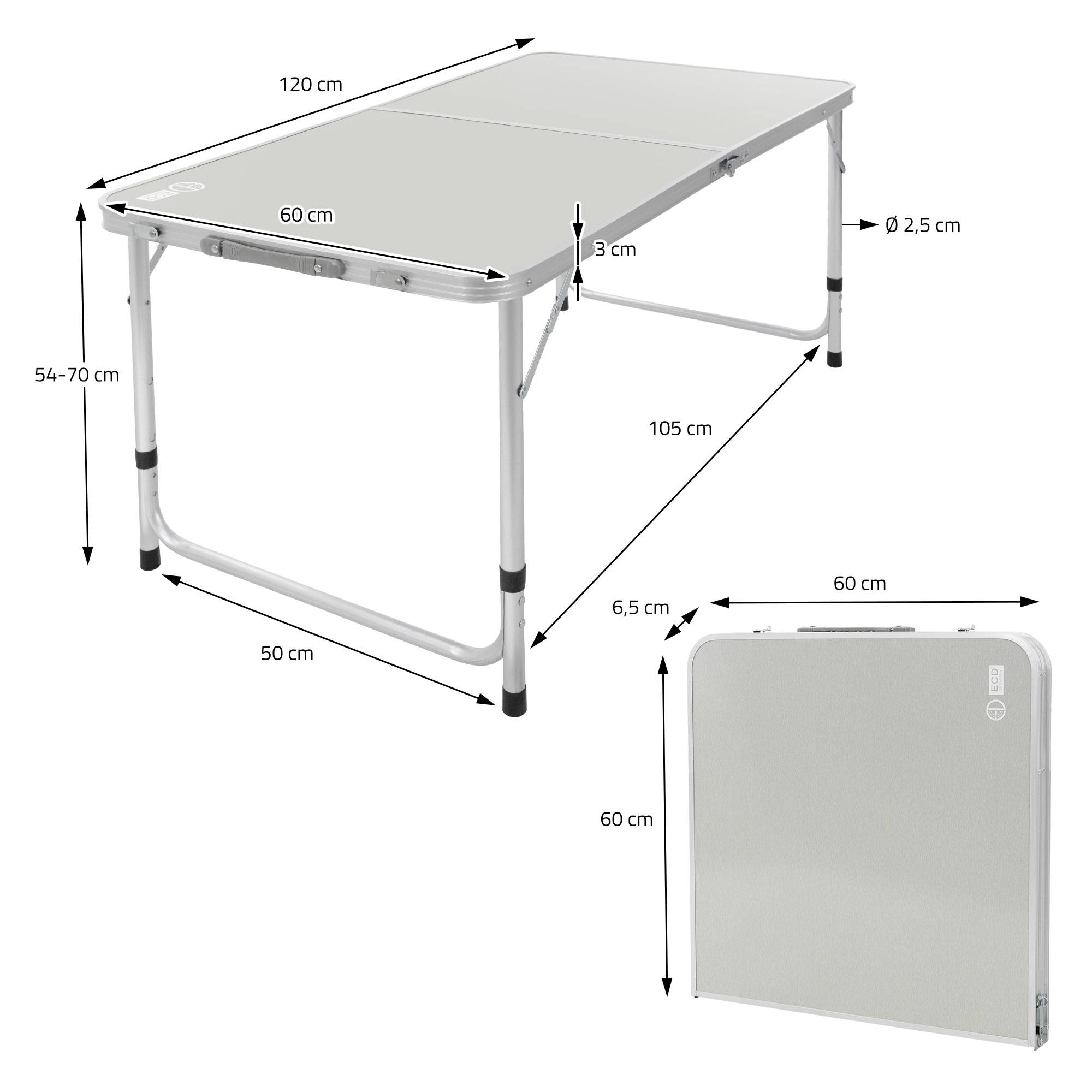 Table de Camping Pliante, Réglable en Hauteur 120x60x54-70 cm, Gris/Argent, en Aluminium et Plastique HDPE - Image 9