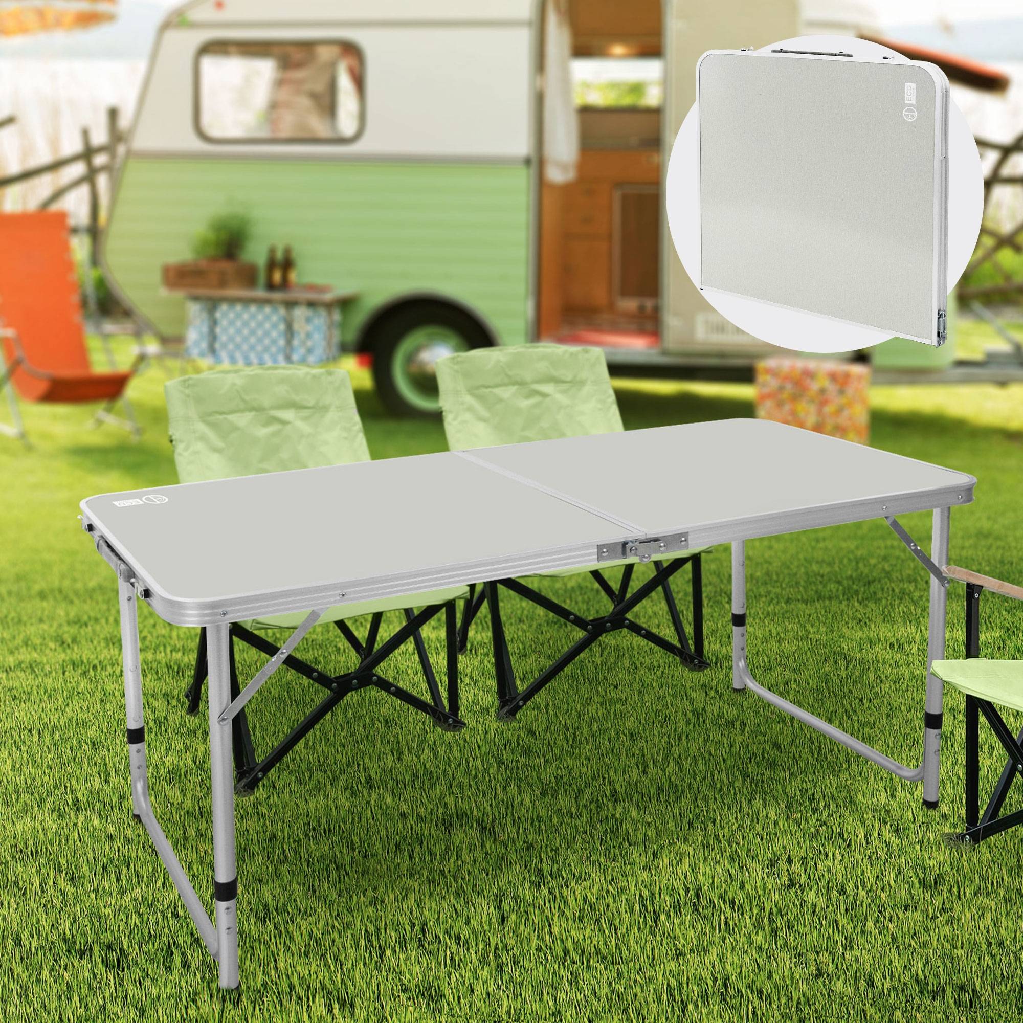 Table de Camping Pliante, Réglable en Hauteur 120x60x54-70 cm, Gris/Argent, en Aluminium et Plastique HDPE - Image 2