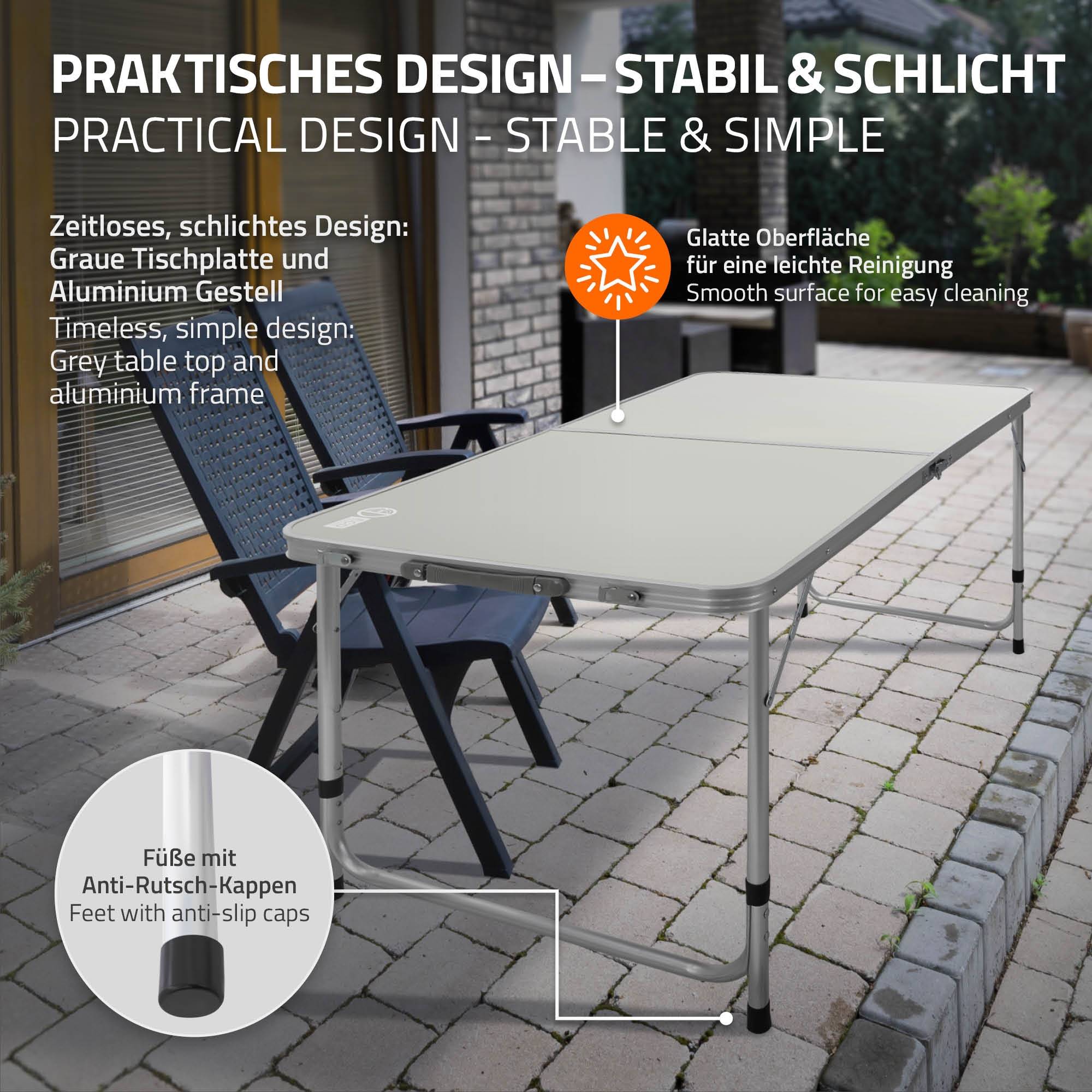 Table de Camping Pliante, Réglable en Hauteur 120x60x54-70 cm, Gris/Argent, en Aluminium et Plastique HDPE - Image 4