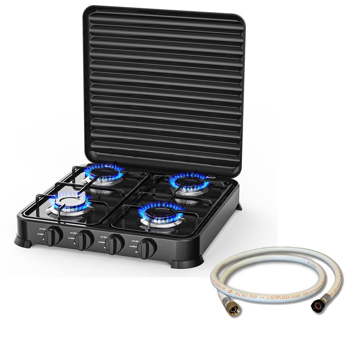 Intec - Plaque de cuisson gaz 4 feux 8800W Table de cuisson portable  +  Tuyau gaz Butane/Propane Bruleurs inox INTEC - Imagen 1