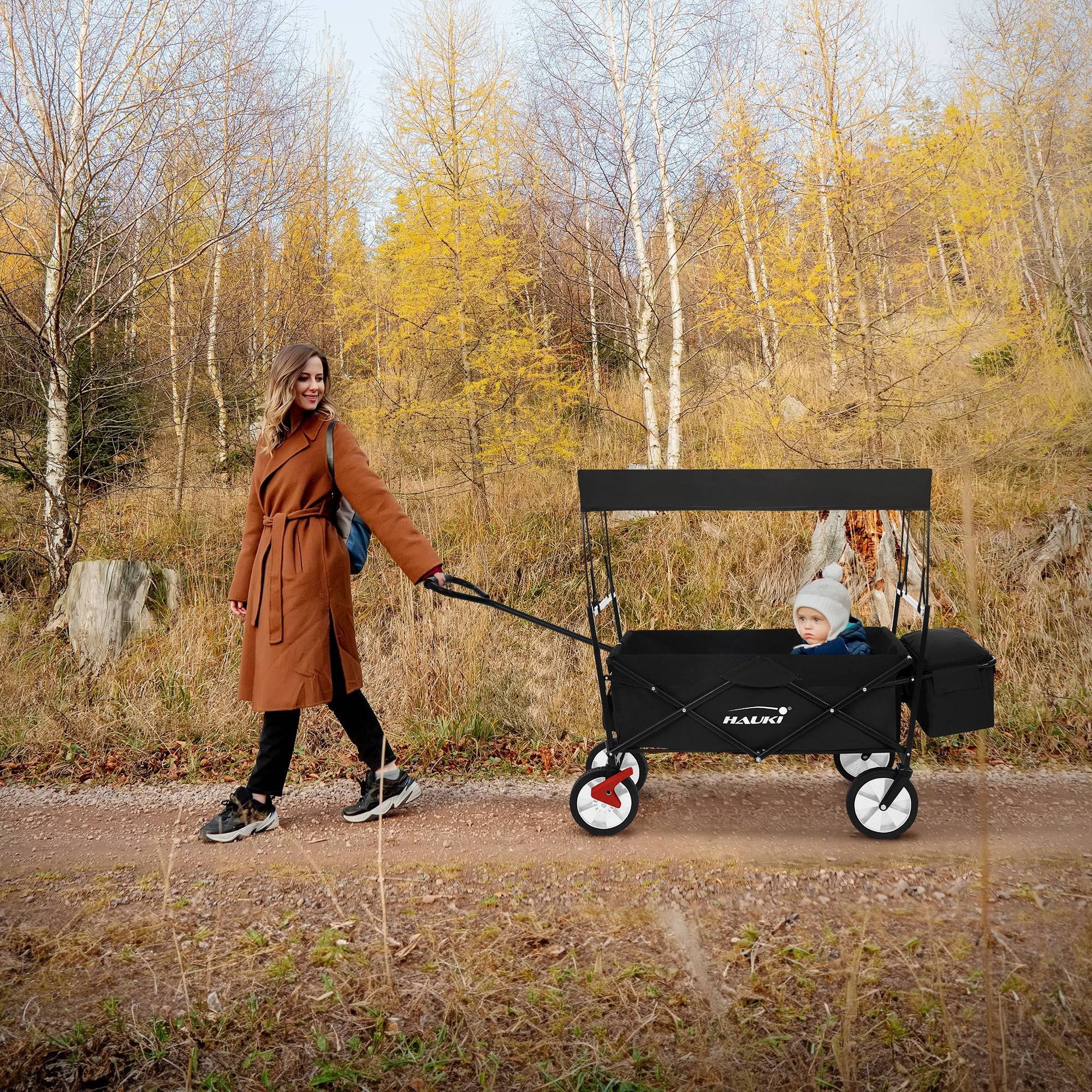 Chariot pliable avec toit noir poussette de plage avec poches et siège à 2 places roulette avec freins pivotante 360° charge 80 kg pour enfant/outils - Imagen 1