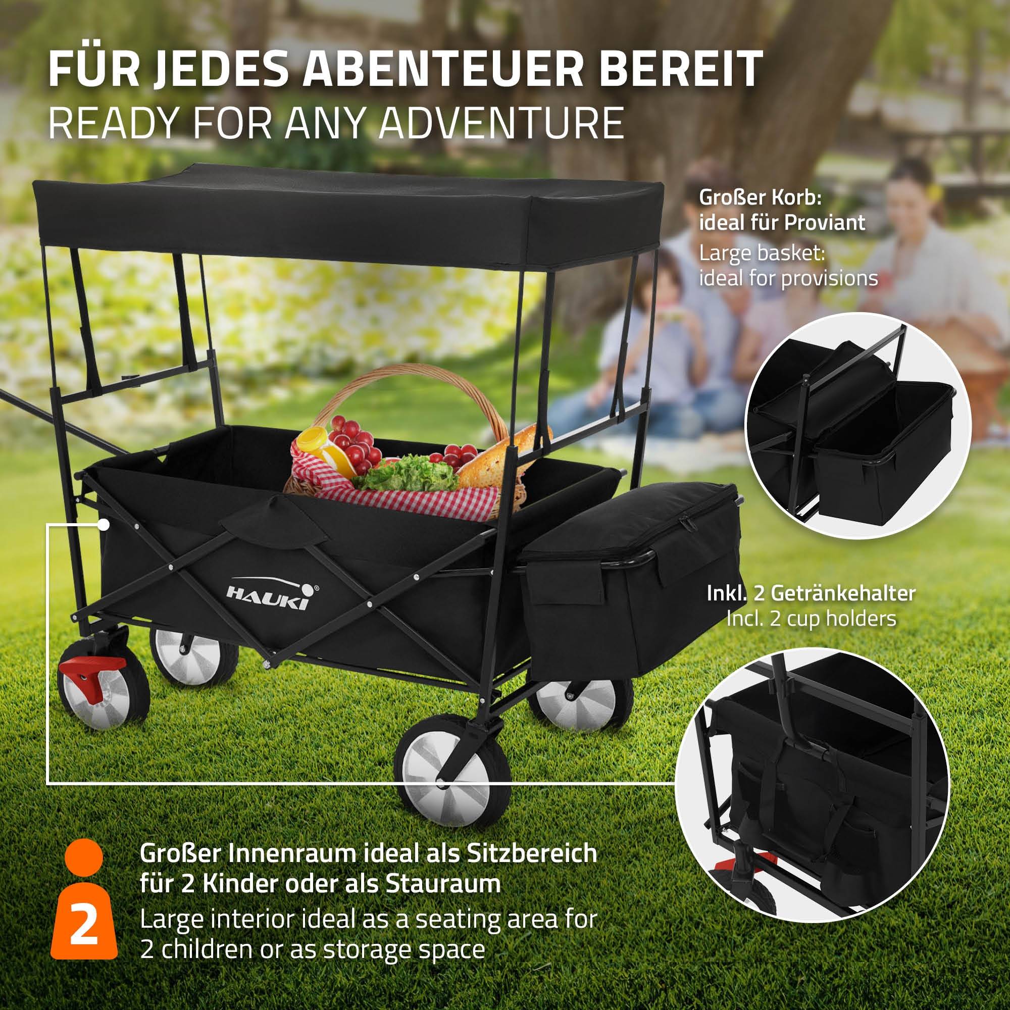 Chariot pliable avec toit noir poussette de plage avec poches et siège à 2 places roulette avec freins pivotante 360° charge 80 kg pour enfant/outils - Imagen 5