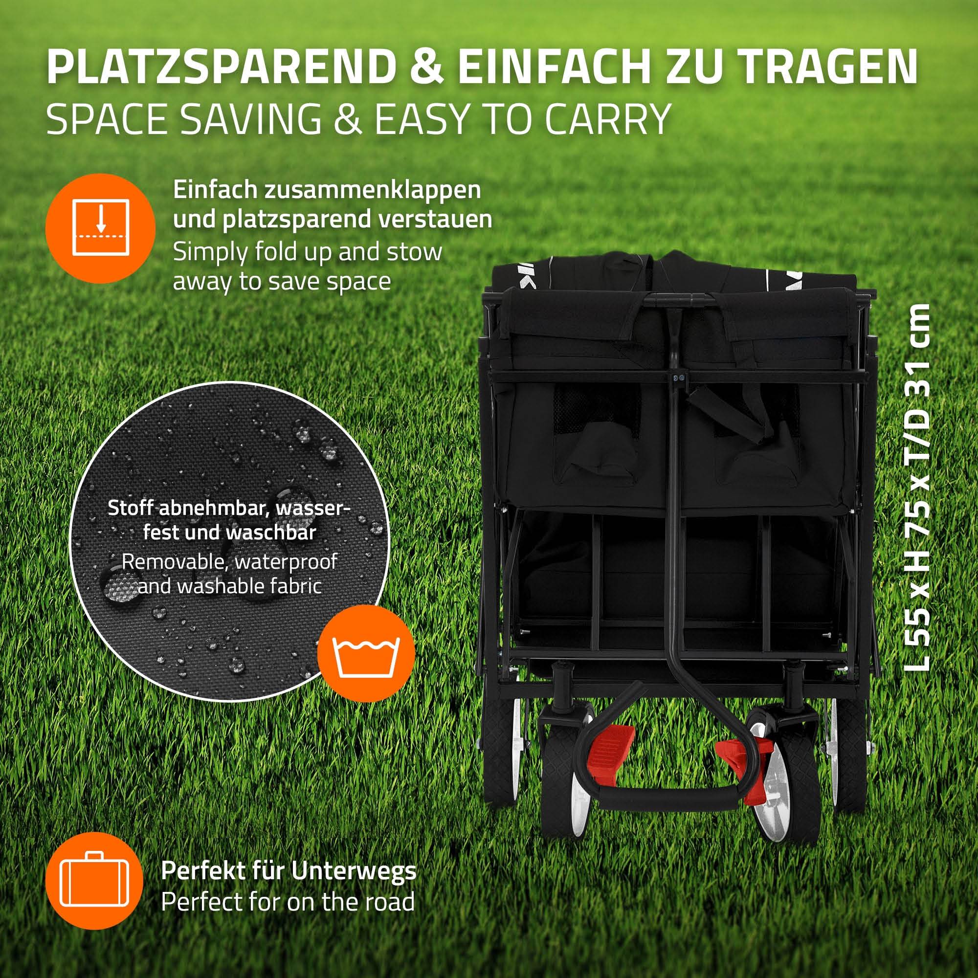 Chariot pliable avec toit noir poussette de plage avec poches et siège à 2 places roulette avec freins pivotante 360° charge 80 kg pour enfant/outils - Imagen 6