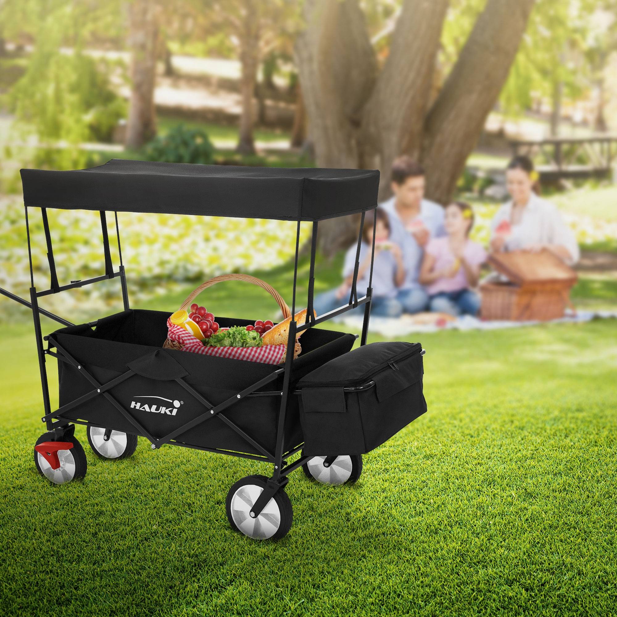 Chariot pliable avec toit noir poussette de plage avec poches et siège à 2 places roulette avec freins pivotante 360° charge 80 kg pour enfant/outils - Imagen 9