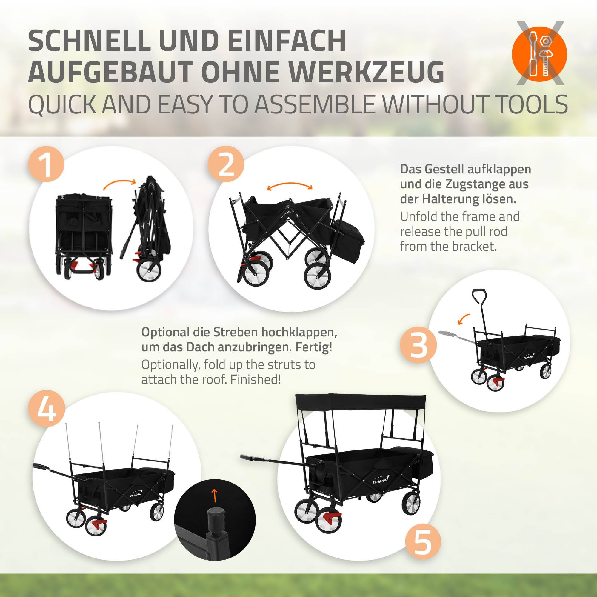 Chariot pliable avec toit noir poussette de plage avec poches et siège à 2 places roulette avec freins pivotante 360° charge 80 kg pour enfant/outils - Imagen 4