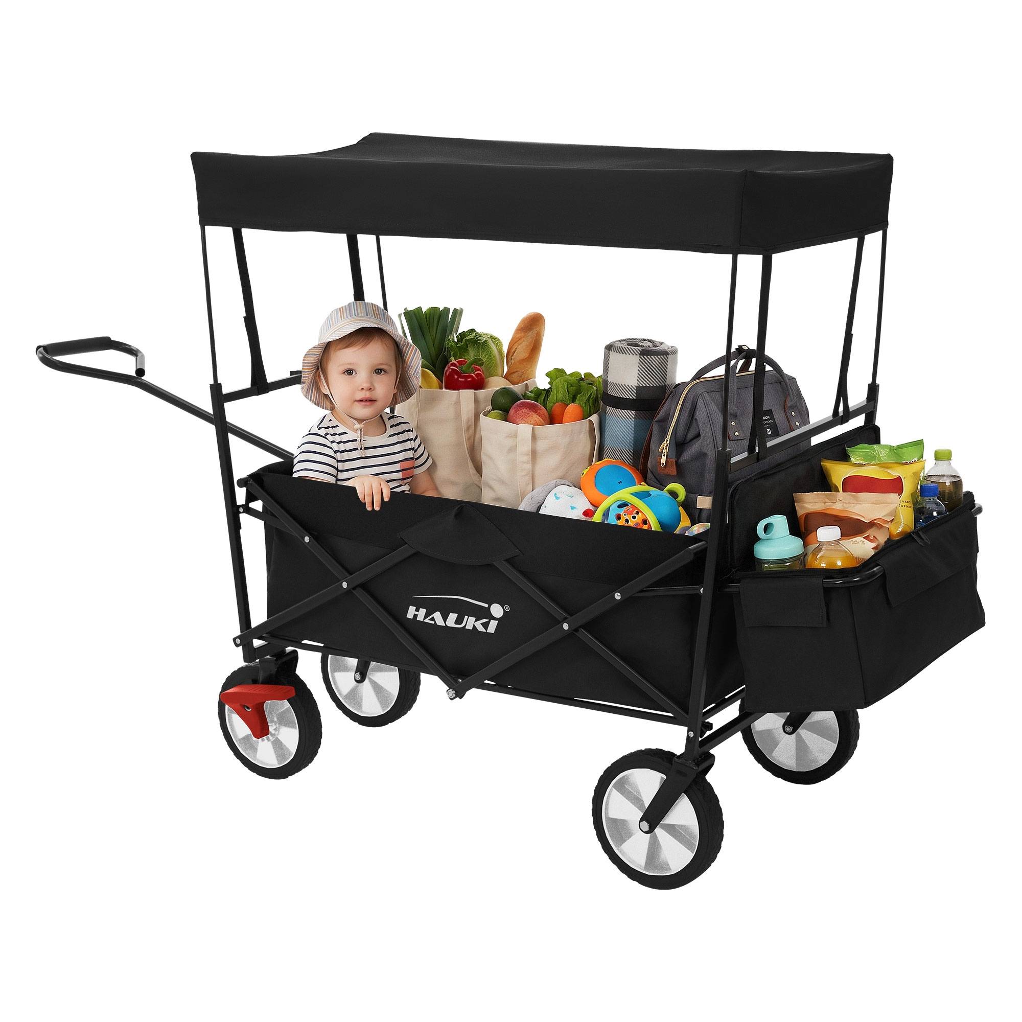 Chariot pliable avec toit noir poussette de plage avec poches et siège à 2 places roulette avec freins pivotante 360° charge 80 kg pour enfant/outils - Imagen 8