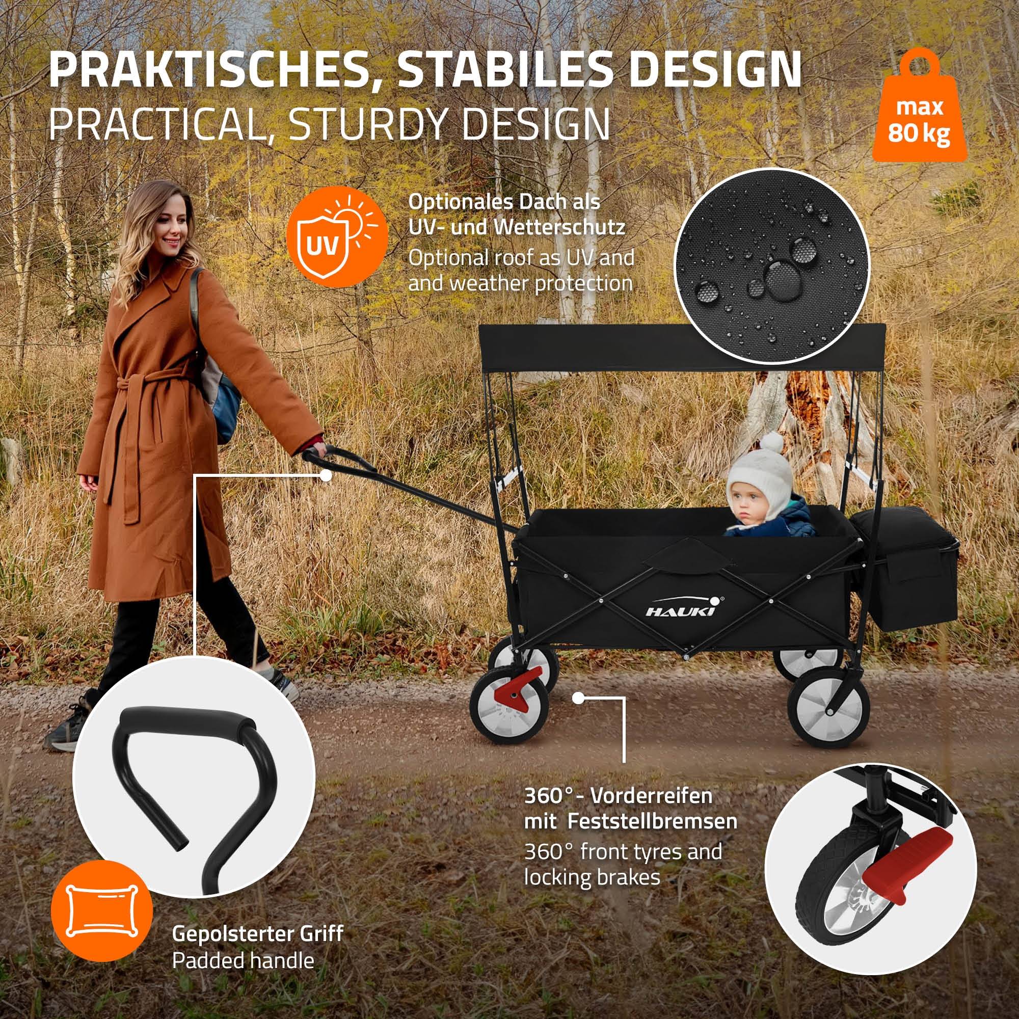 Chariot pliable avec toit noir poussette de plage avec poches et siège à 2 places roulette avec freins pivotante 360° charge 80 kg pour enfant/outils - Imagen 3