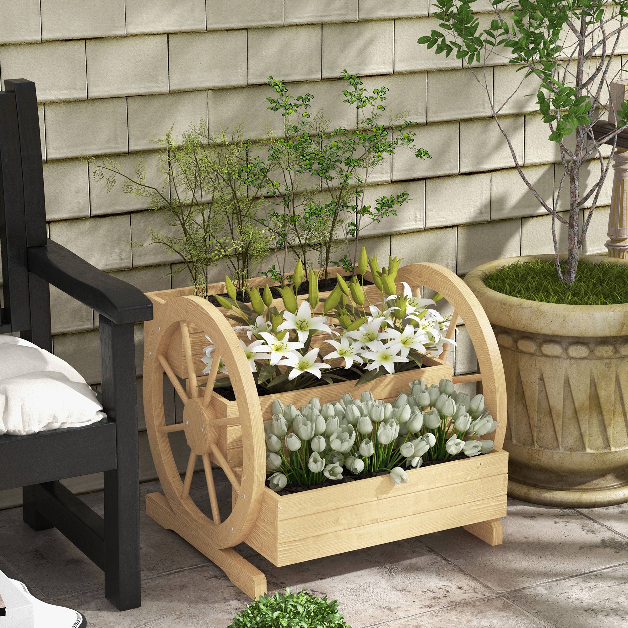 Sans Marque - Jardinière sur Pieds carré Potager 3 étages avec 2 roues Charrette Bois Sapin, dim. 62L x 61l x 57H cm - Image 4