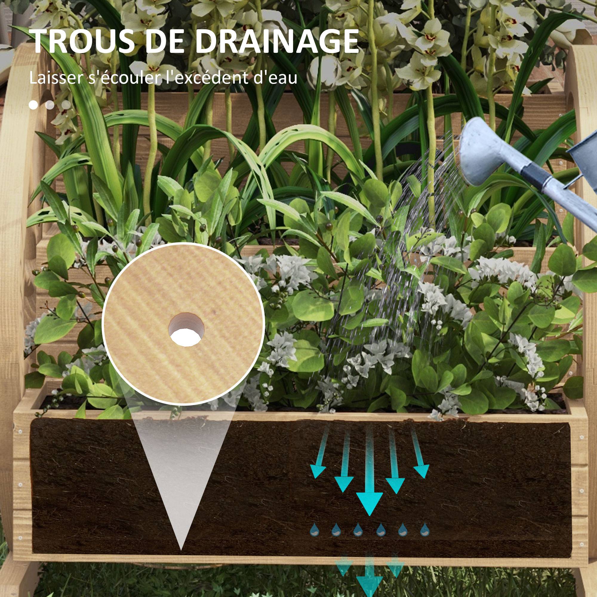 Sans Marque - Jardinière sur Pieds carré Potager 3 étages avec 2 roues Charrette Bois Sapin, dim. 62L x 61l x 57H cm - Image 7