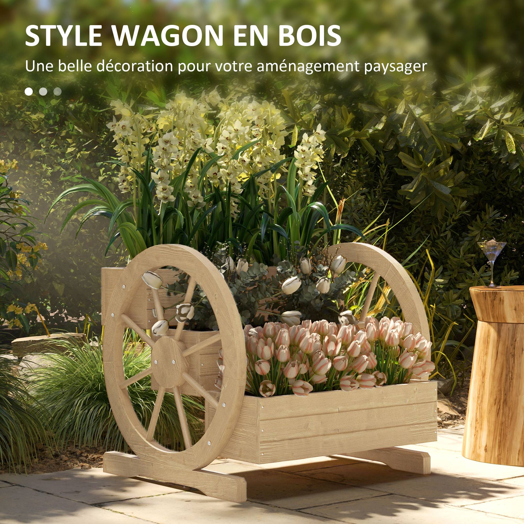 Sans Marque - Jardinière sur Pieds carré Potager 3 étages avec 2 roues Charrette Bois Sapin, dim. 62L x 61l x 57H cm - Image 6