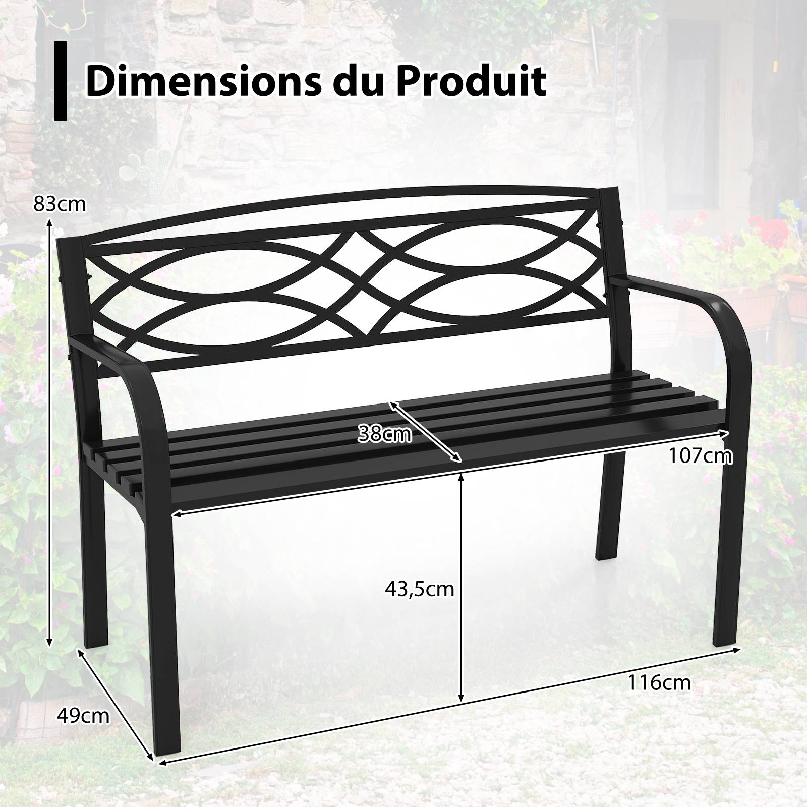 Costway - Banc de Jardin 116 CM Métallique pour 2 Personnes avec Accoudoirs Courbés et Dossier, Charge 300 kg pour Bord de Piscine, Porch - Image 2