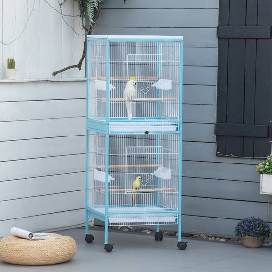 Grande Cage à Oiseaux sur Pied Double avec Mangeoires Perchoirs Plateau Amovible Roulettes 51,5 x 50 x 140 cm Bleu Clair - Image 4