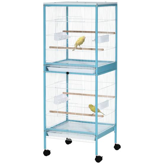 Grande Cage à Oiseaux sur Pied Double avec Mangeoires Perchoirs Plateau Amovible Roulettes 51,5 x 50 x 140 cm Bleu Clair - Image 2