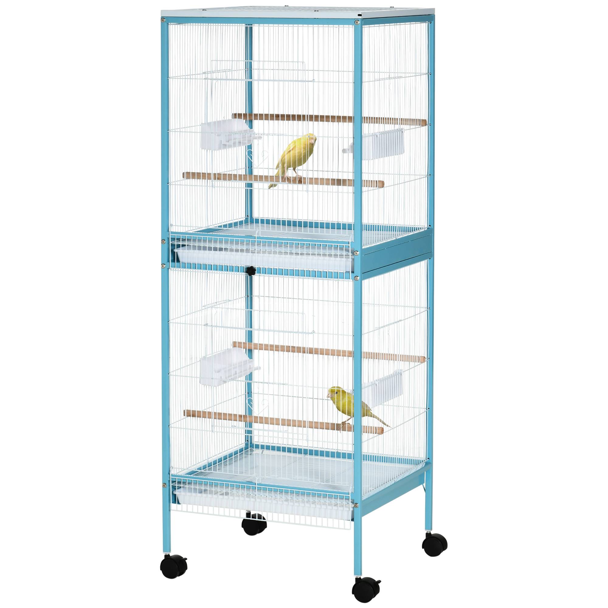 Grande Cage à Oiseaux sur Pied Double avec Mangeoires Perchoirs Plateau Amovible Roulettes 51,5 x 50 x 140 cm Bleu Clair - Image 2