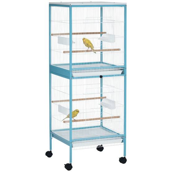 Grande Cage à Oiseaux sur Pied Double avec Mangeoires Perchoirs Plateau Amovible Roulettes 51,5 x 50 x 140 cm Bleu Clair - Image 1