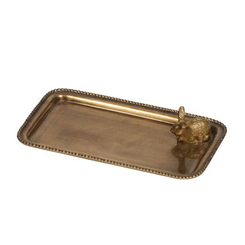 Plateau Rectangulaire en Laiton Antique avec Figurine Lapin 21x11cm - Image 2