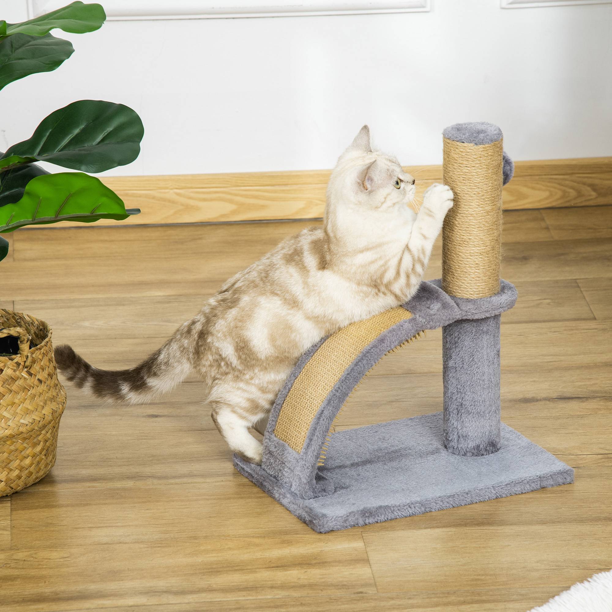Pawhut - Arbre à chat griffoir grattoir design jeu boule suspendue + demi-arc de massage peluche jute naturelle gris - Imagen 2