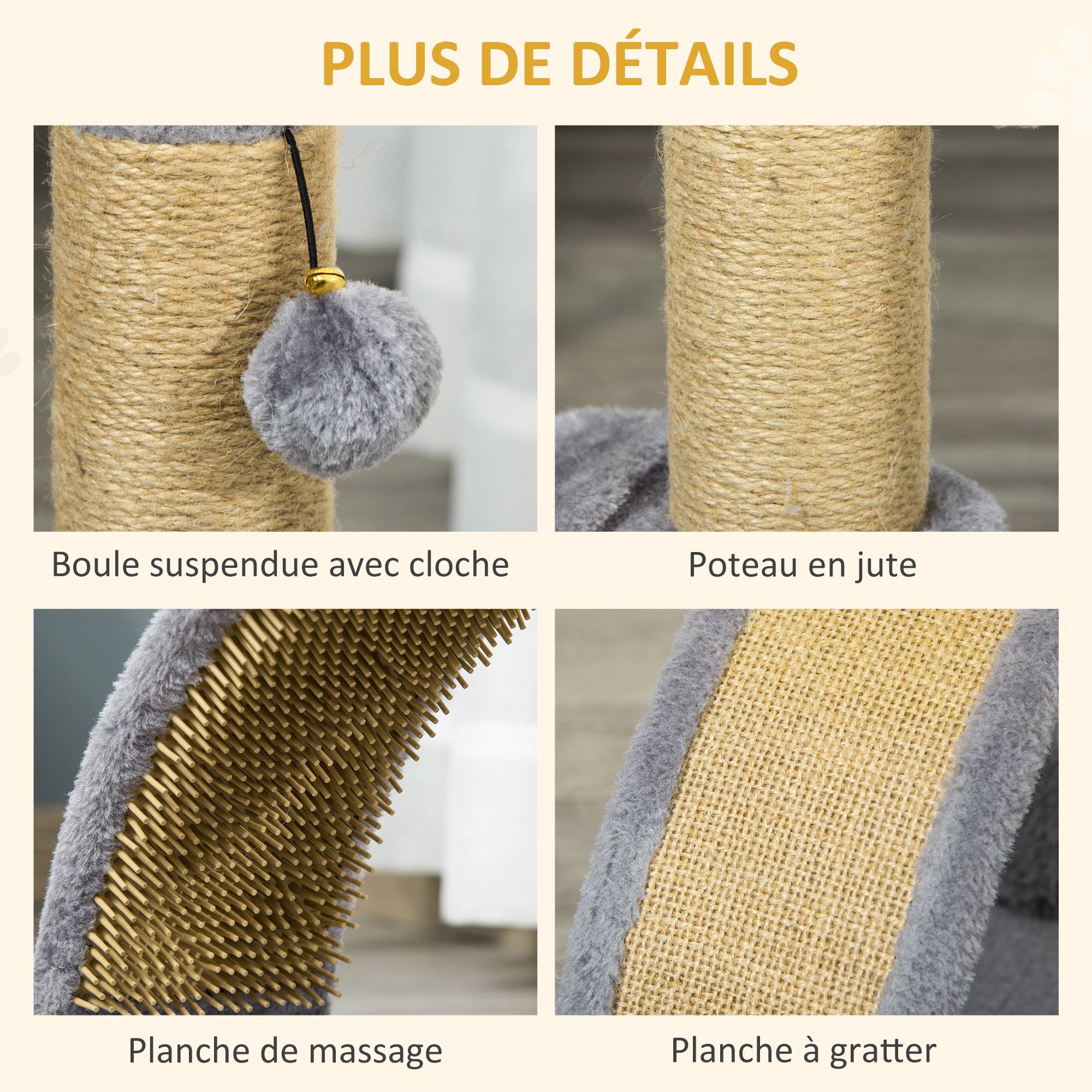 Pawhut - Arbre à chat griffoir grattoir design jeu boule suspendue + demi-arc de massage peluche jute naturelle gris - Imagen 5