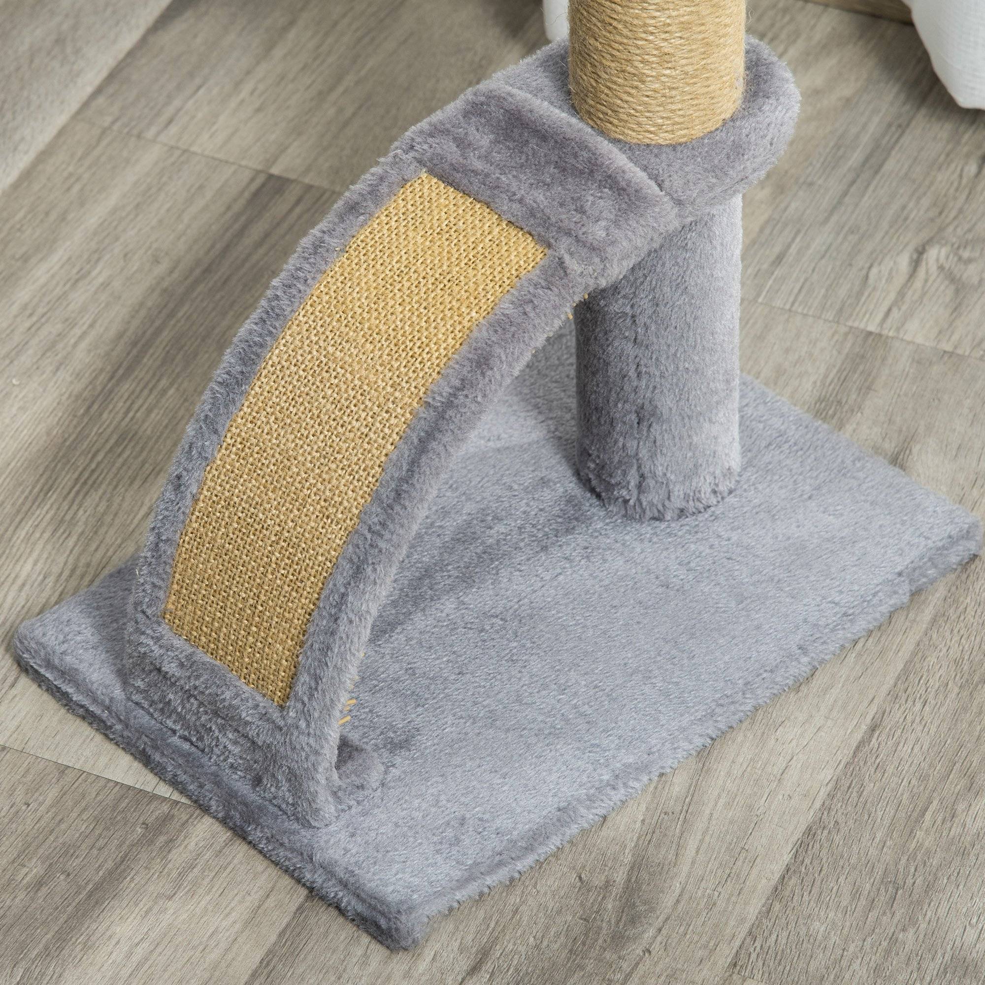 Pawhut - Arbre à chat griffoir grattoir design jeu boule suspendue + demi-arc de massage peluche jute naturelle gris - Imagen 7