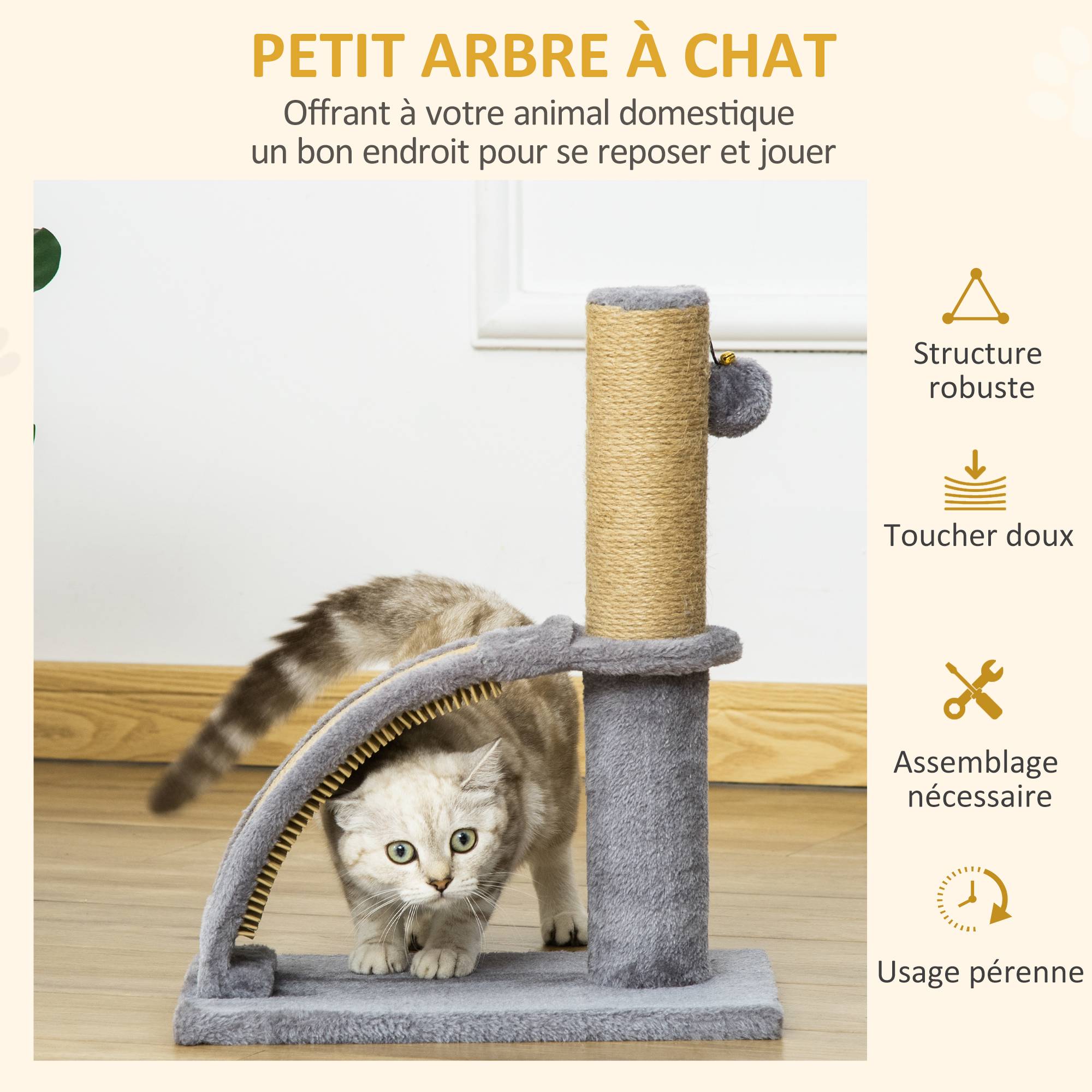 Pawhut - Arbre à chat griffoir grattoir design jeu boule suspendue + demi-arc de massage peluche jute naturelle gris - Imagen 4