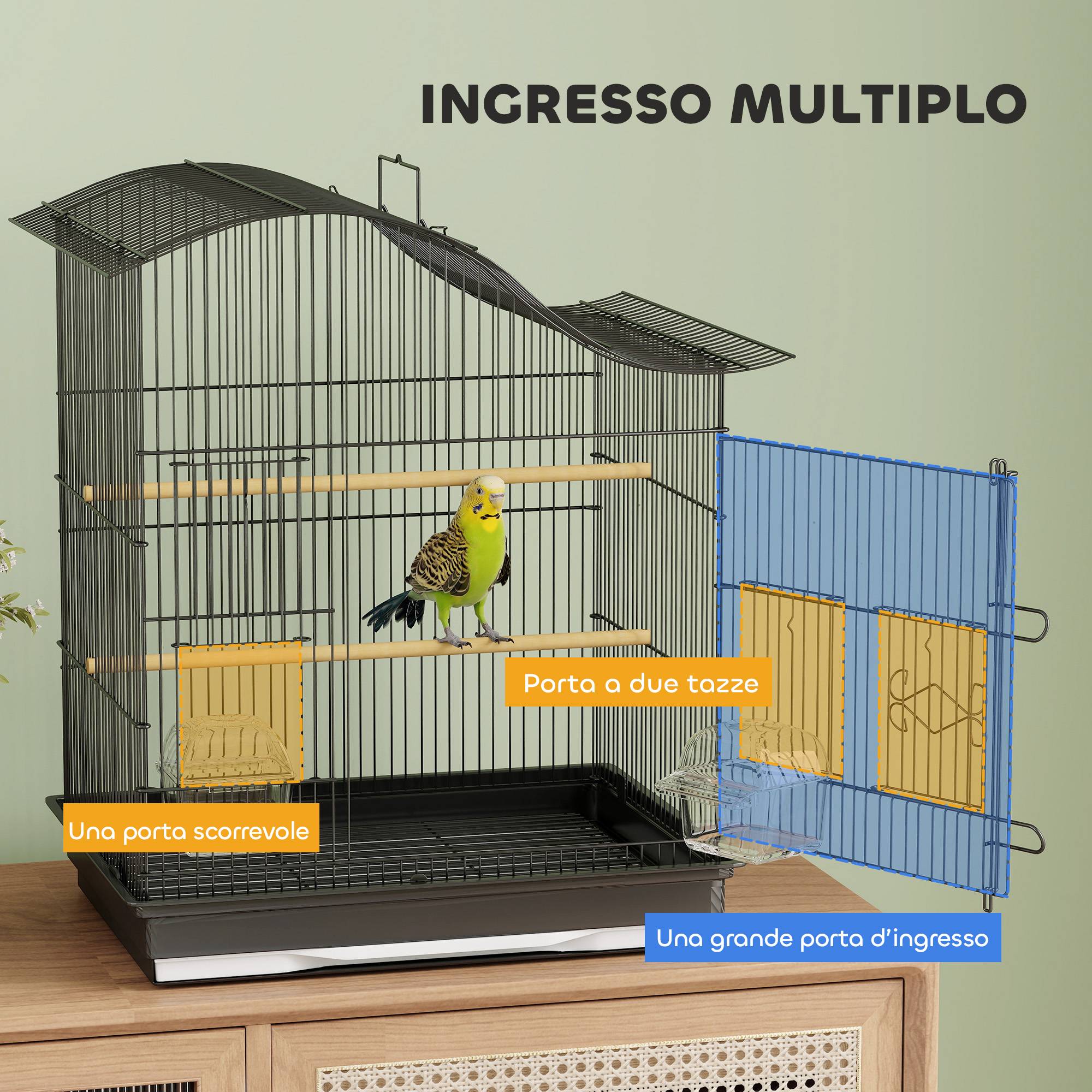Cage à oiseaux à 4 portes avec 2 bols, 2 perchoirs et plateau, métal et plastique, 47,5x36x54,5 cm, noire - Image 7