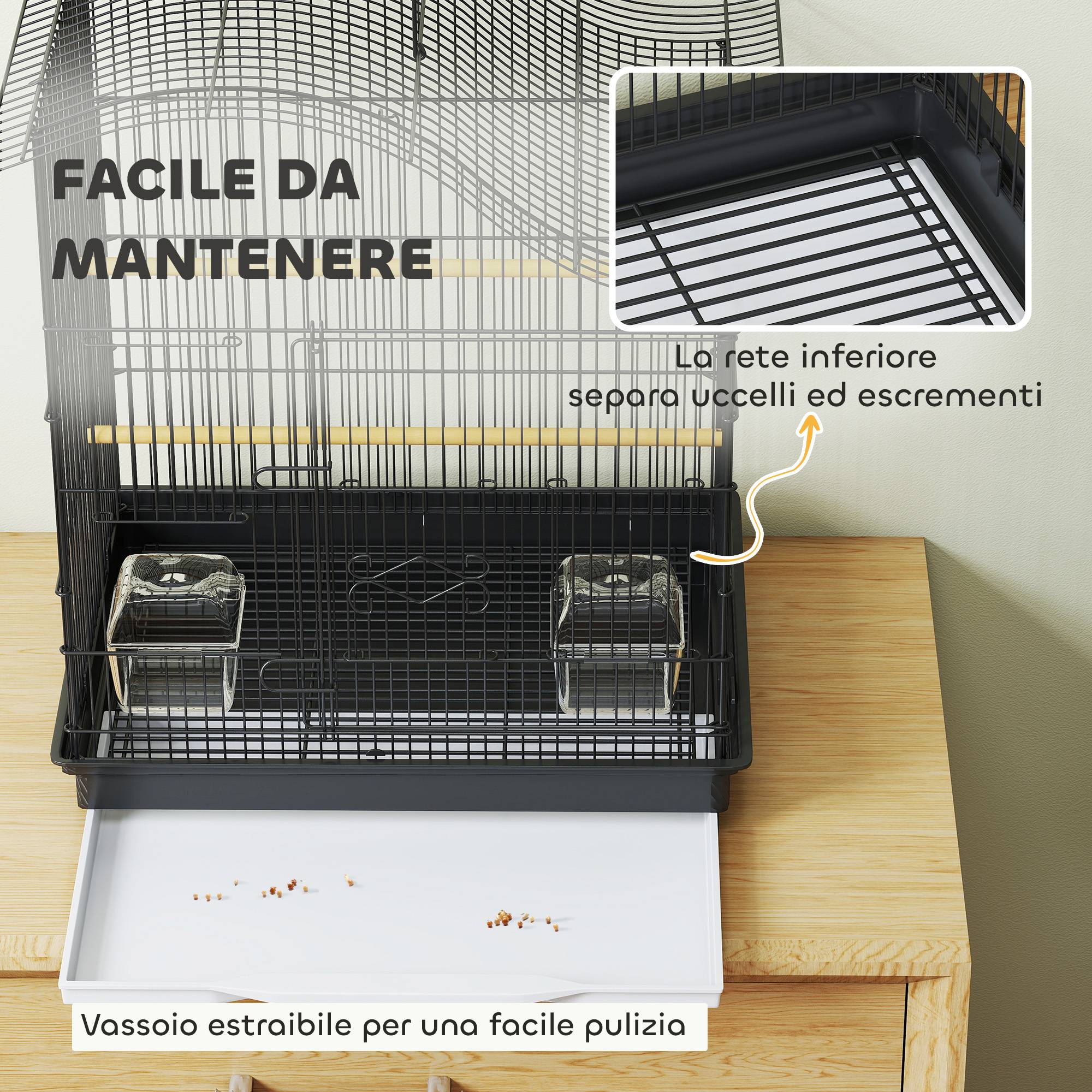 Cage à oiseaux à 4 portes avec 2 bols, 2 perchoirs et plateau, métal et plastique, 47,5x36x54,5 cm, noire - Image 8