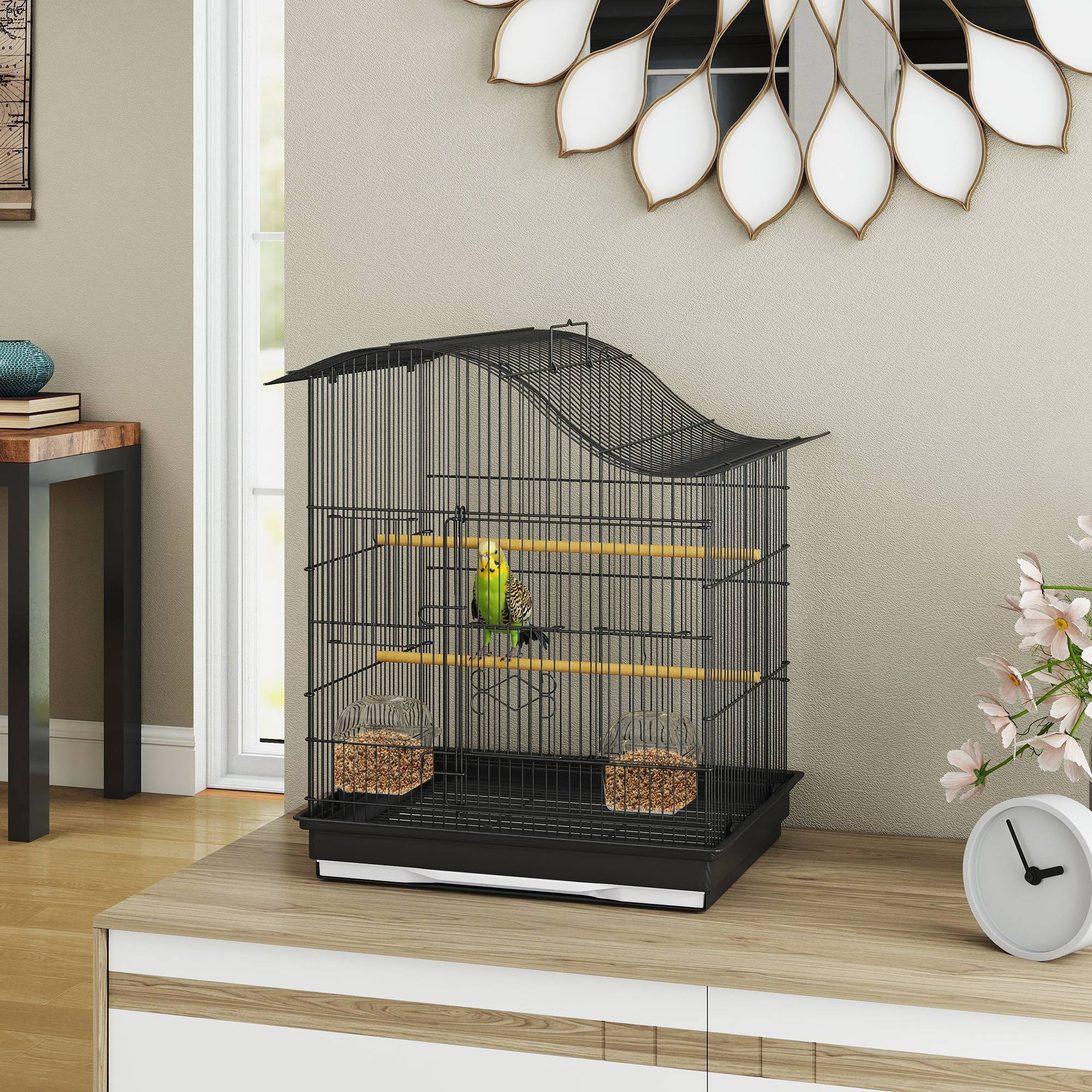 Cage à oiseaux à 4 portes avec 2 bols, 2 perchoirs et plateau, métal et plastique, 47,5x36x54,5 cm, noire - Image 4