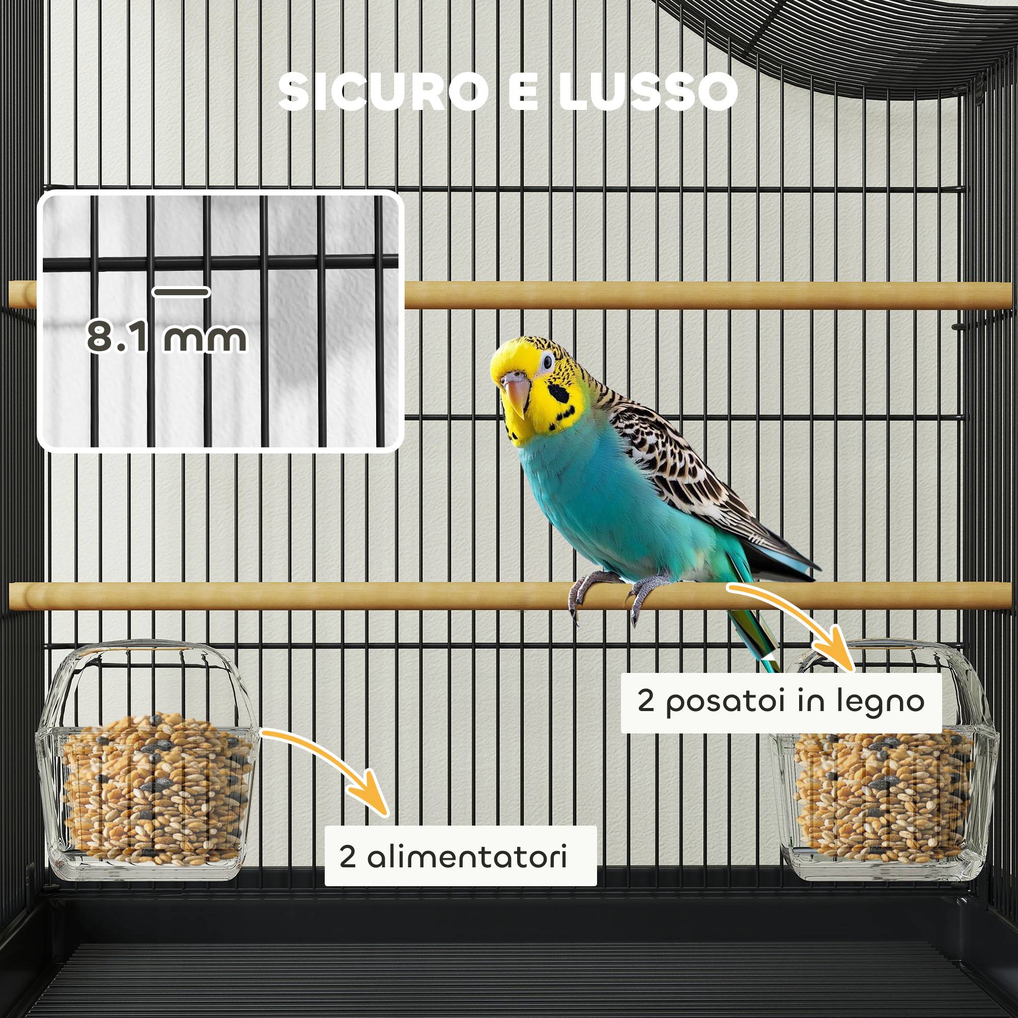 Cage à oiseaux à 4 portes avec 2 bols, 2 perchoirs et plateau, métal et plastique, 47,5x36x54,5 cm, noire - Image 6