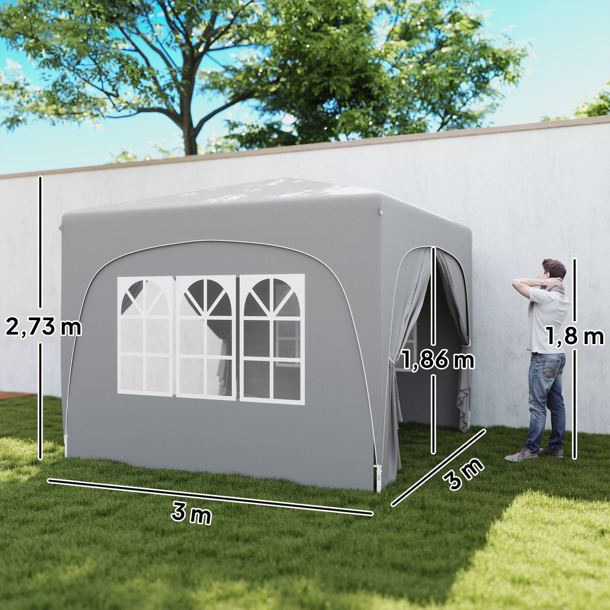 Sans Marque - Tente pliante 3x3m avec 3 niveaux de hauteur réglables, 4 côtés, fenêtres et sac de transport, imperméable UPF50+, grise - Image 5