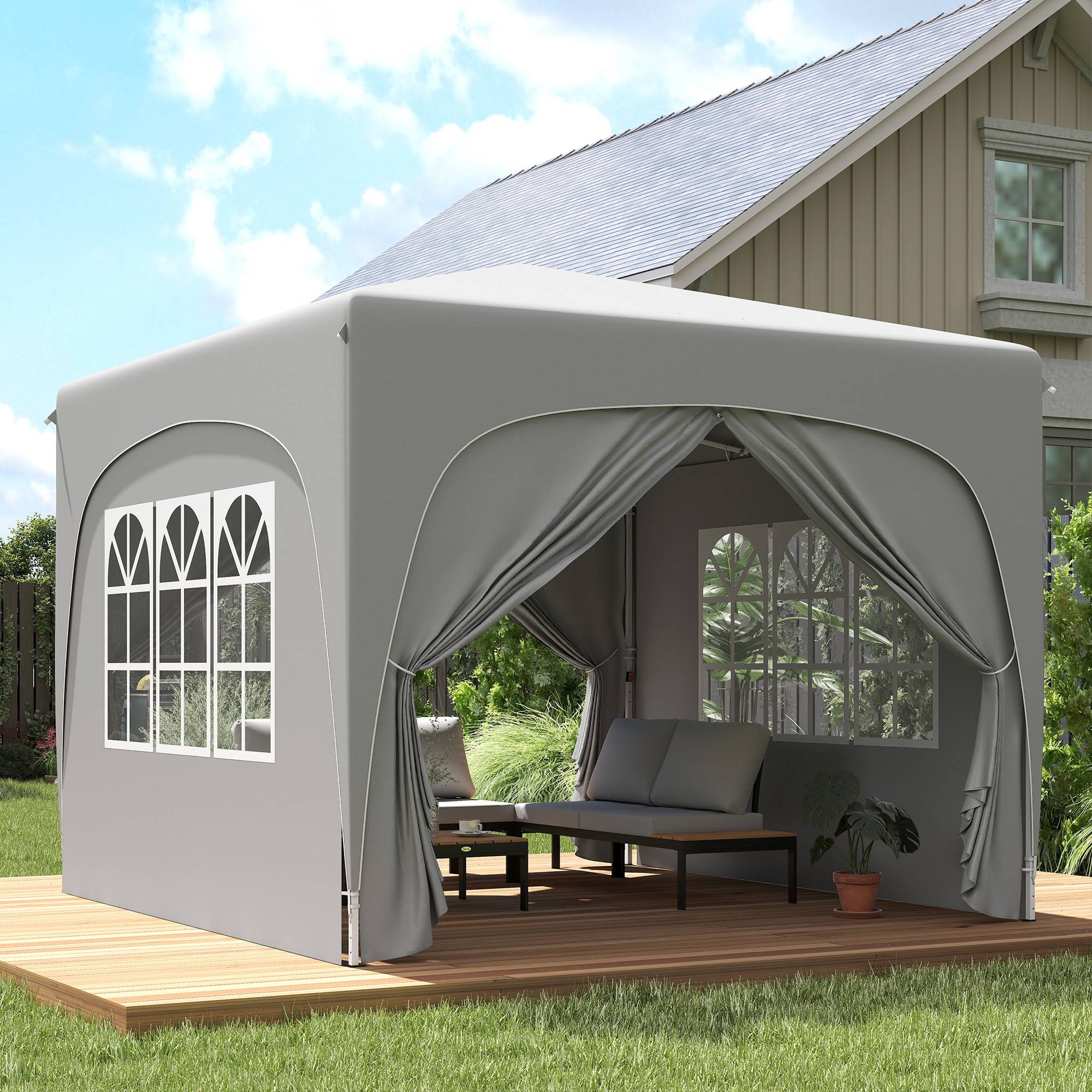 Sans Marque - Tente pliante 3x3m avec 3 niveaux de hauteur réglables, 4 côtés, fenêtres et sac de transport, imperméable UPF50+, grise - Image 4
