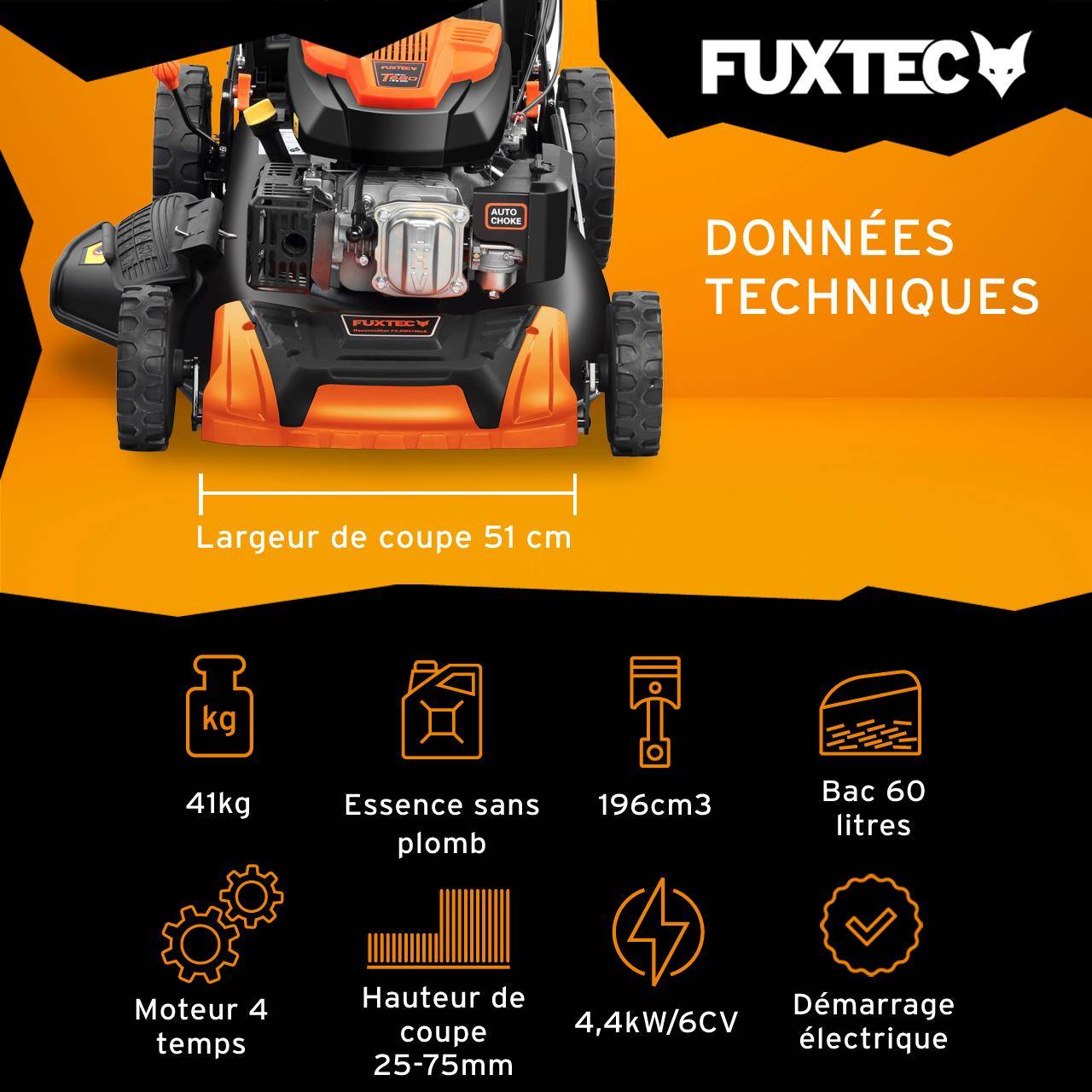 FUXTEC - Tondeuse thermique 196 cm³ autotractée FX-RM5196ESPRO 51 cm bac 60 L démarrage électrique 6 CV – Fuxtec - Image 2