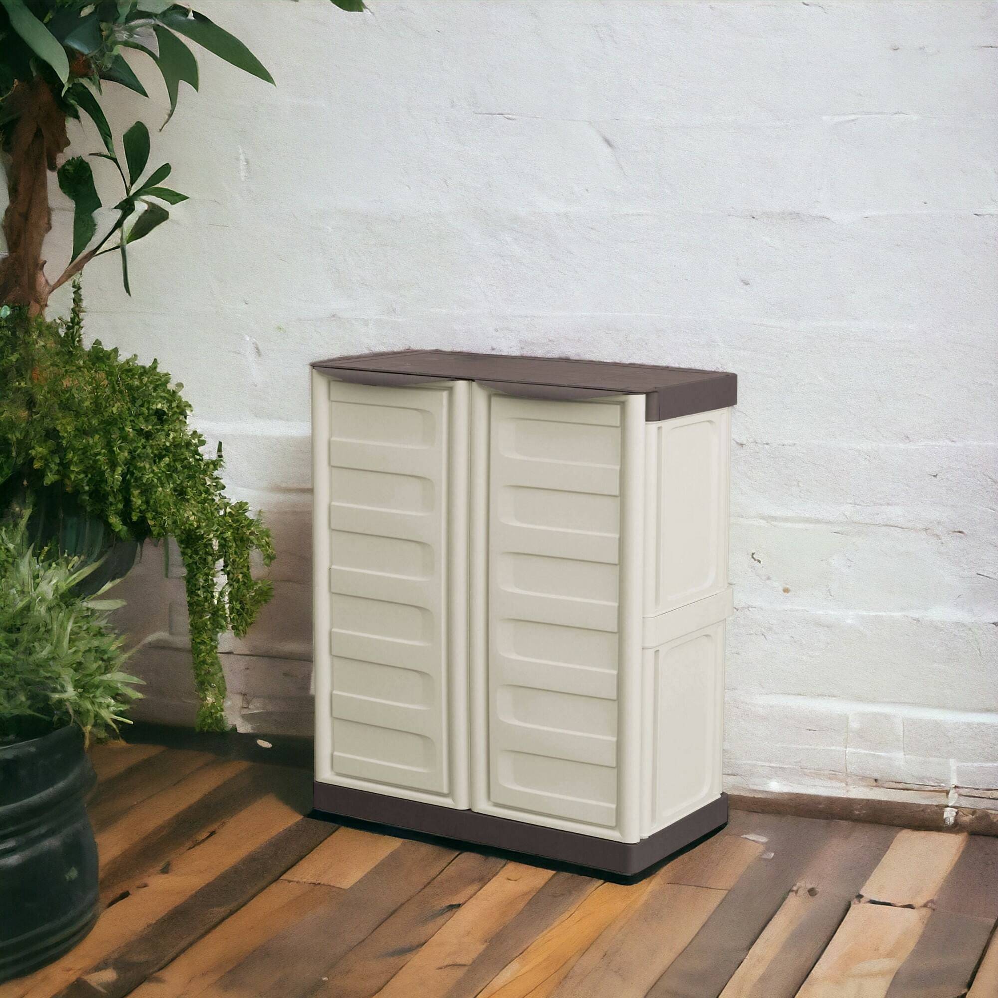 Dmora - Armoire d'extérieur Courtrai, Armoire de balcon polyvalente, Mobilier d'extérieur avec 2 portes, Beige et Marron, 70x39h86 cm, Finition rayée - Dmora - Image 2