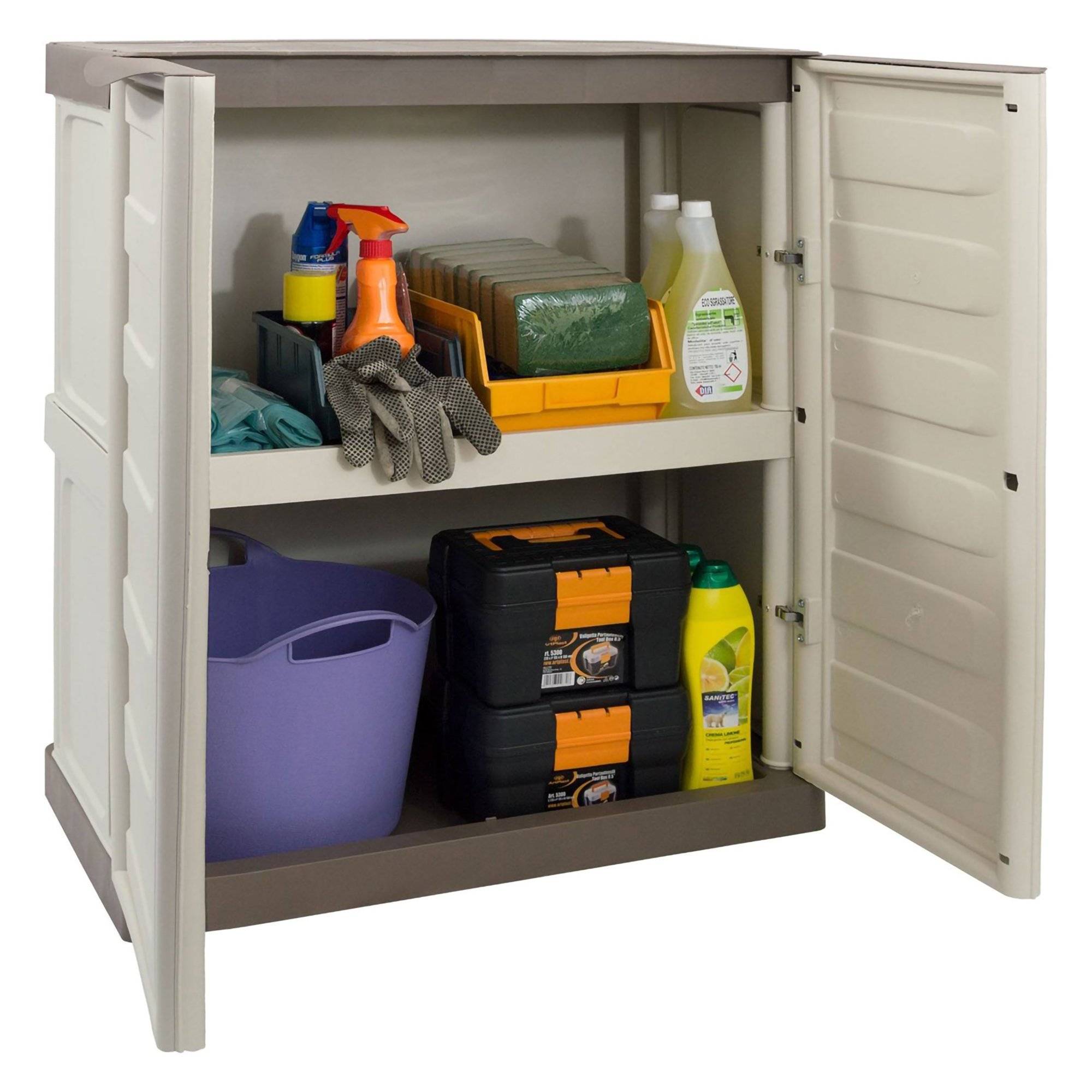 Dmora - Armoire d'extérieur Courtrai, Armoire de balcon polyvalente, Mobilier d'extérieur avec 2 portes, Beige et Marron, 70x39h86 cm, Finition rayée - Dmora - Imagen 1