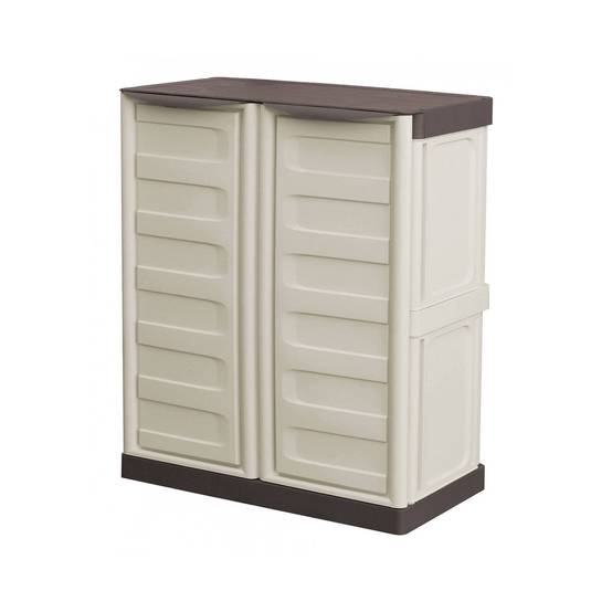Dmora - Armoire d'extérieur Courtrai, Armoire de balcon polyvalente, Mobilier d'extérieur avec 2 portes, Beige et Marron, 70x39h86 cm, Finition rayée - Dmora - Image 1